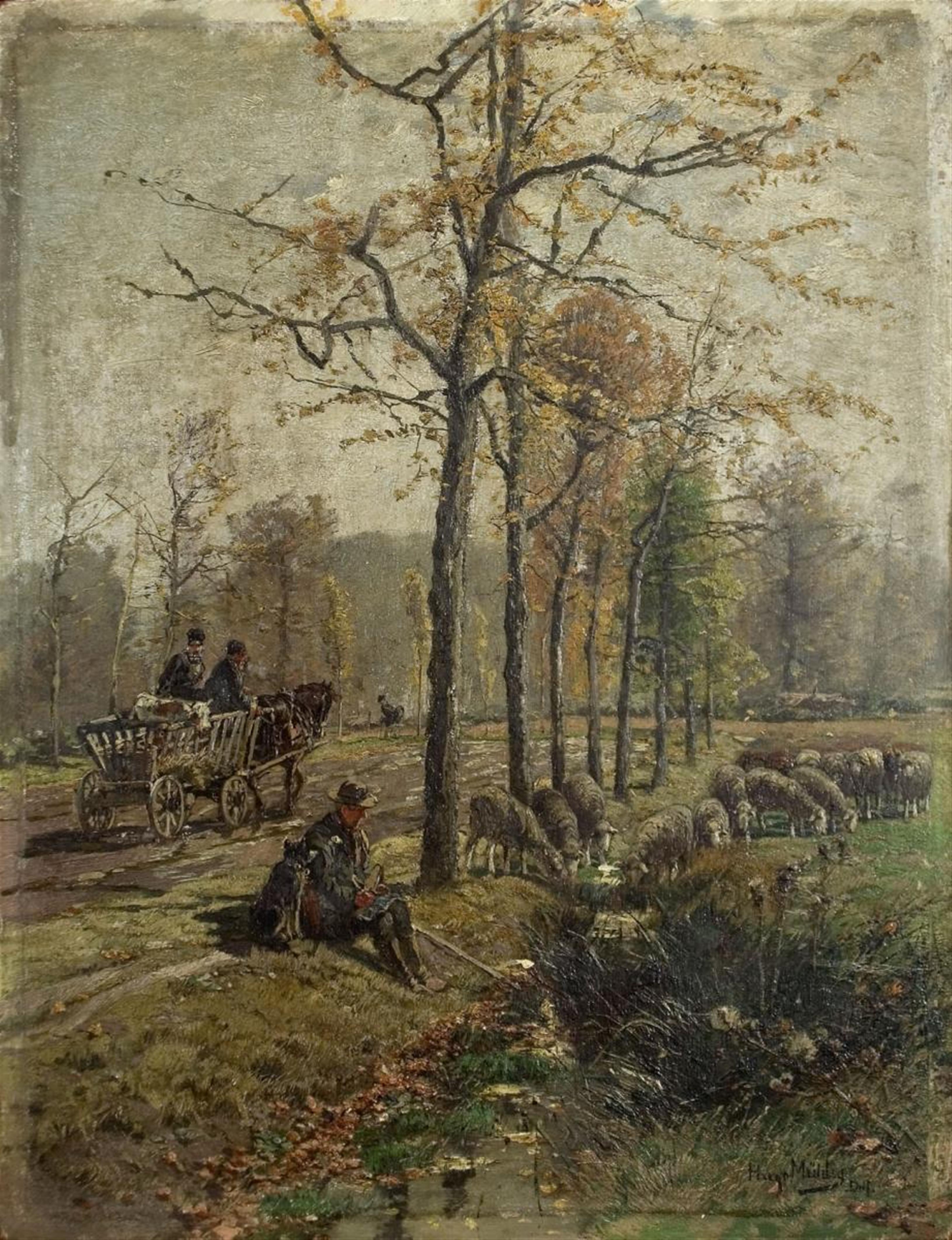 Hugo Mühlig - THE GRAFENBERGER ALLEE WITH FLOCK OF SHEEP AND RACK WAGON - image-1