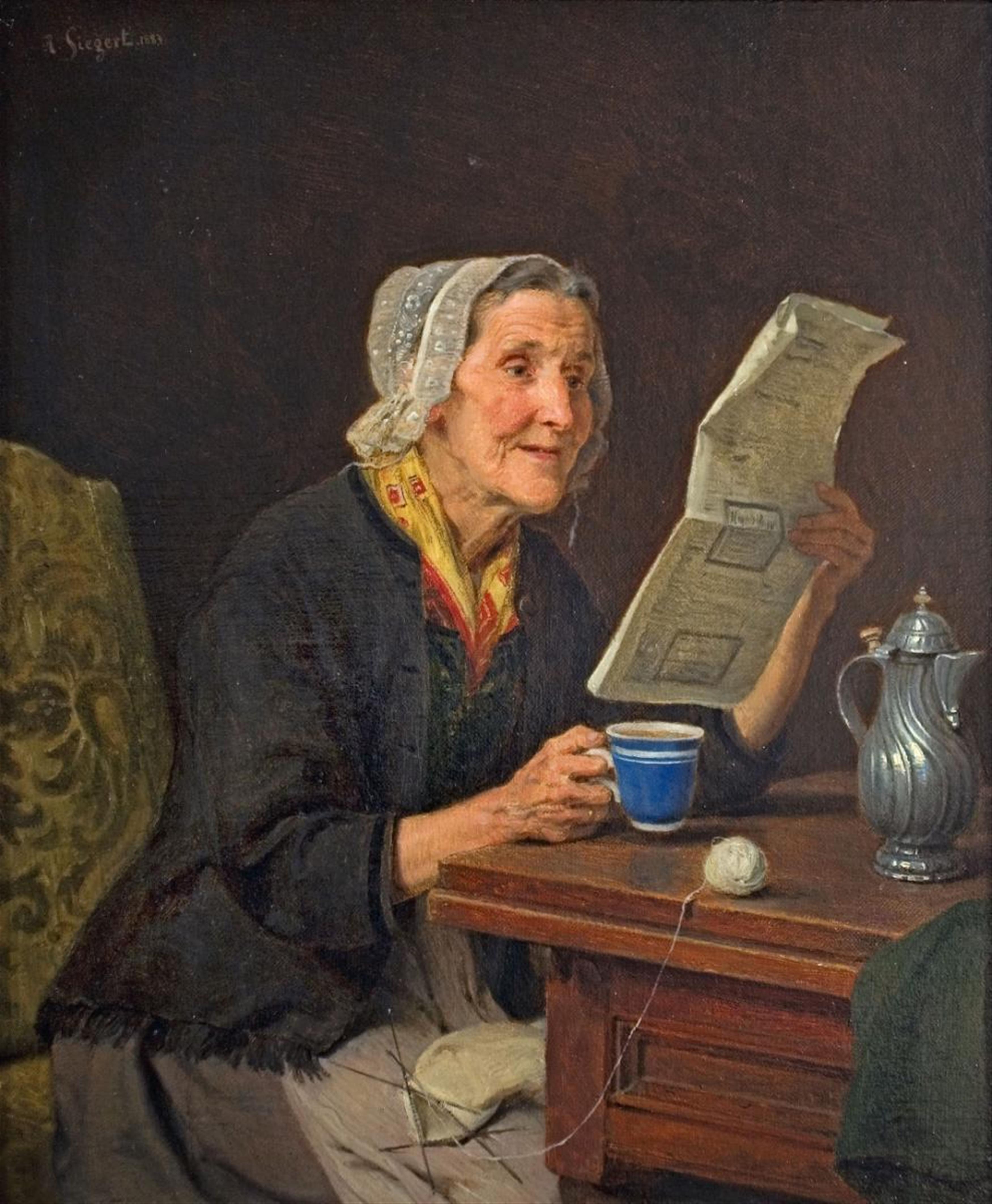 August Friedrich Siegert - OLD WOMAN WITH NEWSPAPER AND COFFEE CUP - image-1