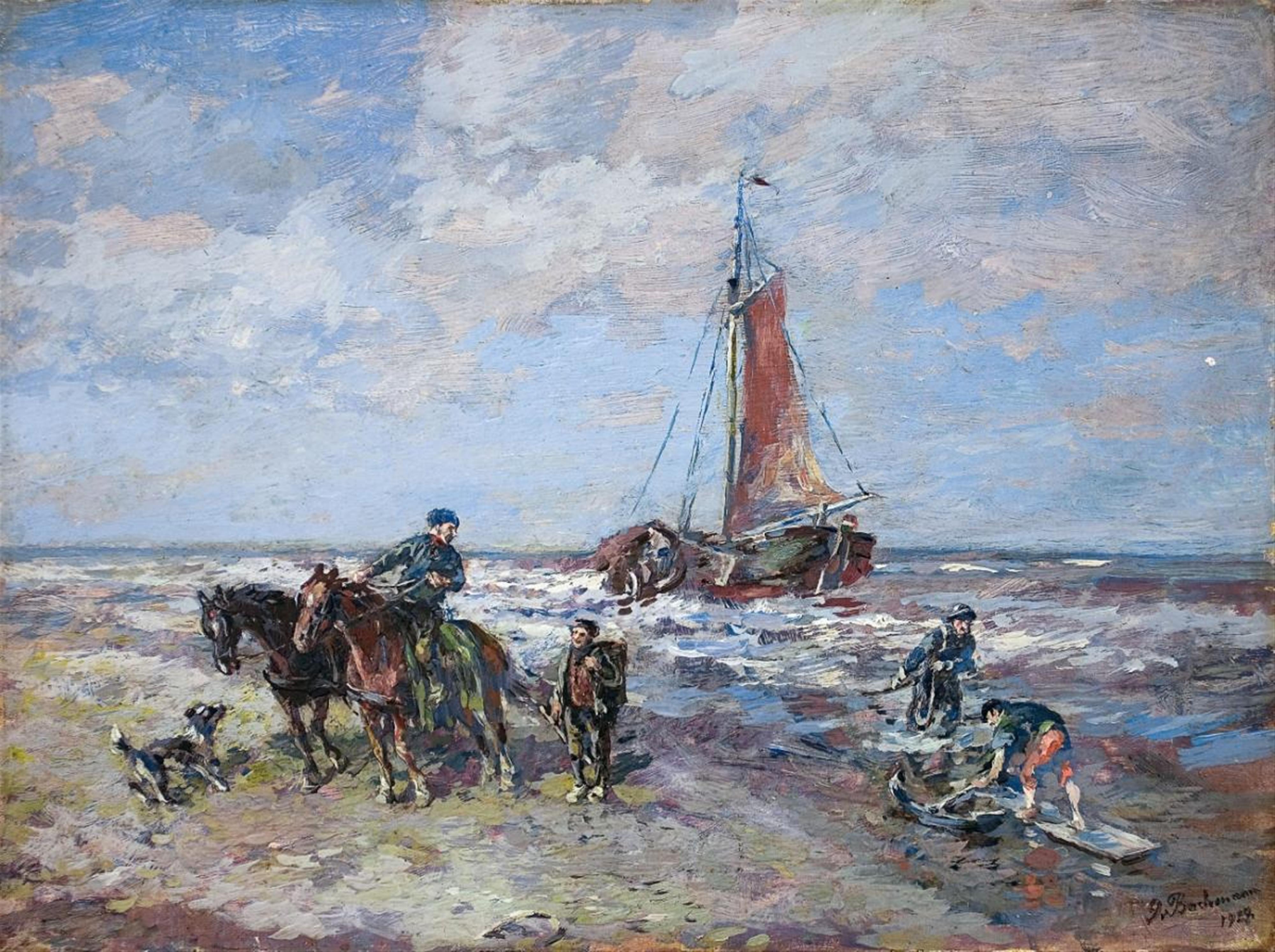 Gregor von Bochmann - BEACH WITH RIDERS AND SAILING-SHIP - image-1
