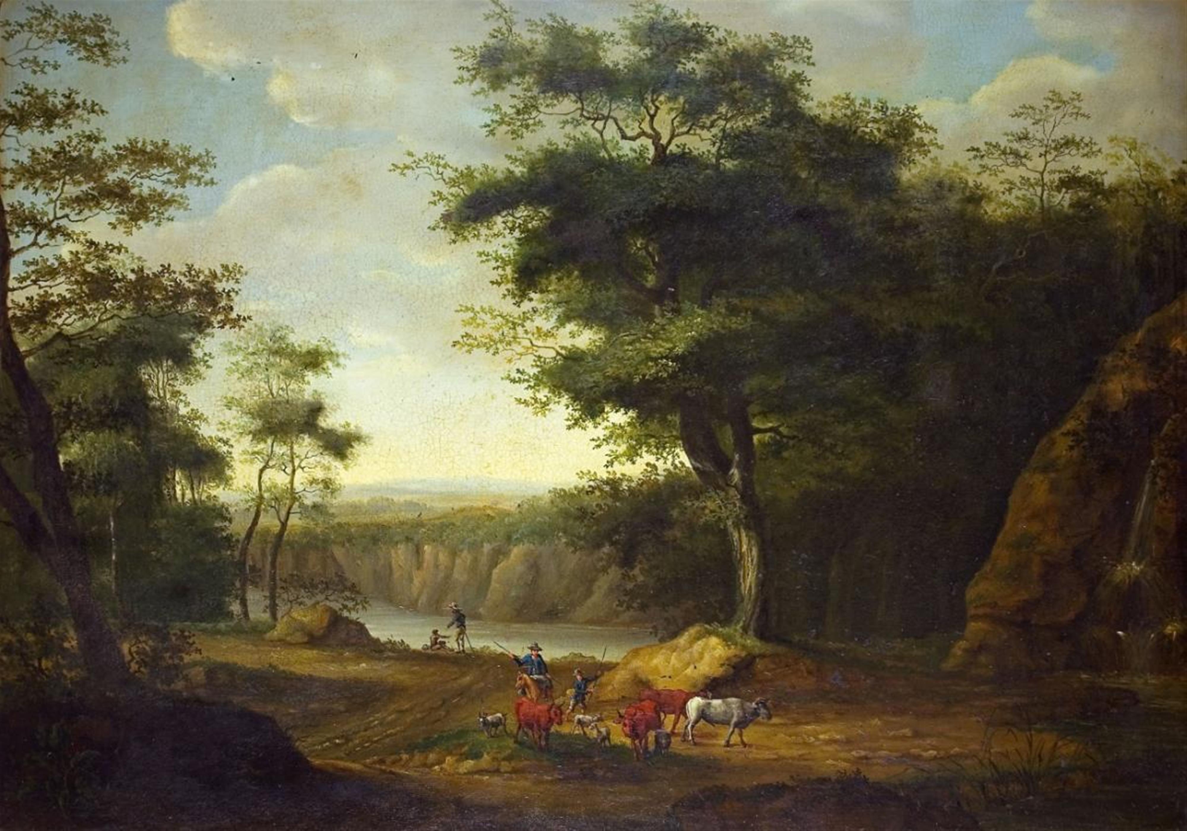 German School, 18th century - WOODED RIVER LANDSCAPE WITH FISHERMEN AND SHEPHERDS - image-1