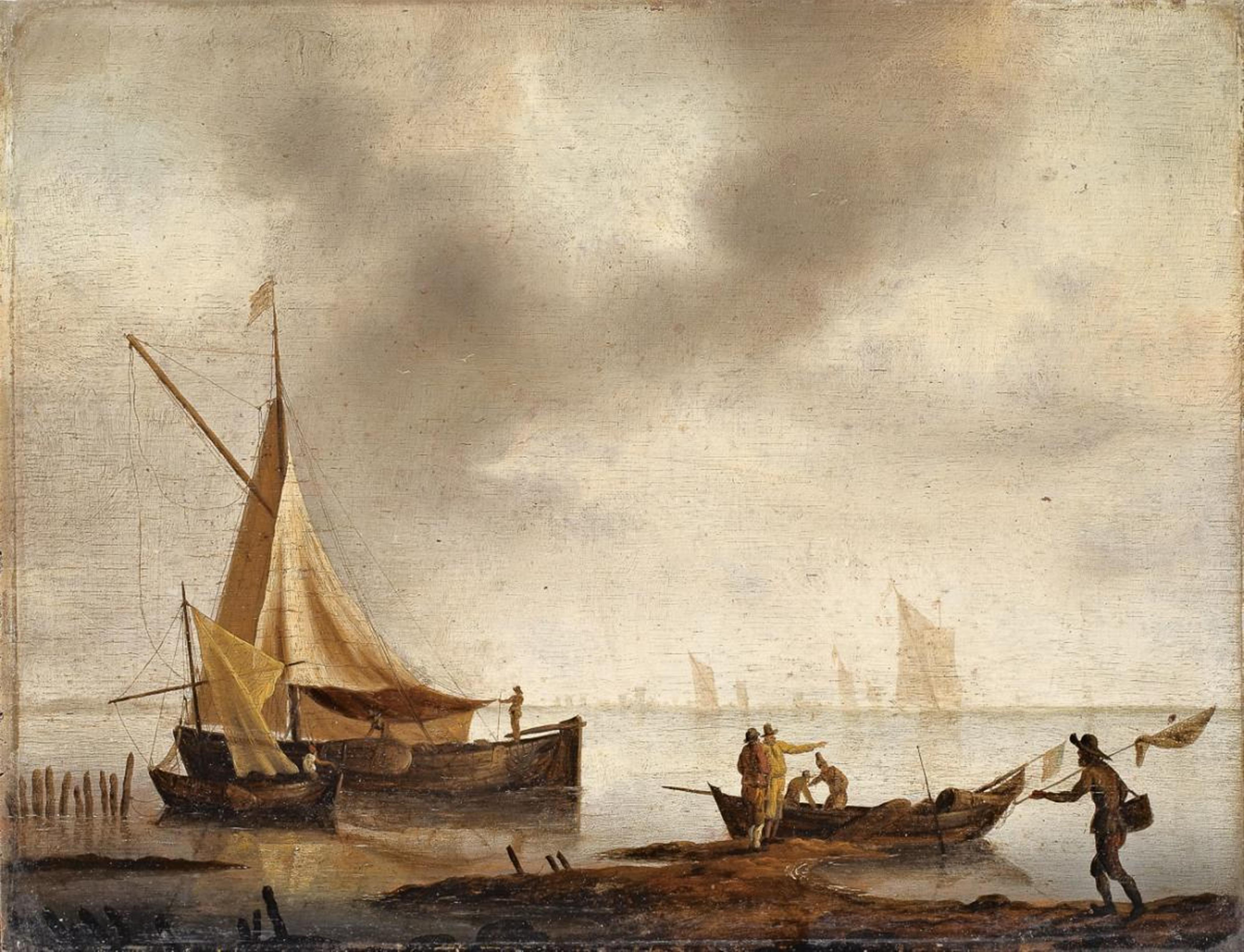 Jan van de Cappelle, circle of - COAST LANDSCAPE WITH FISHERMEN AND BOATS - image-1