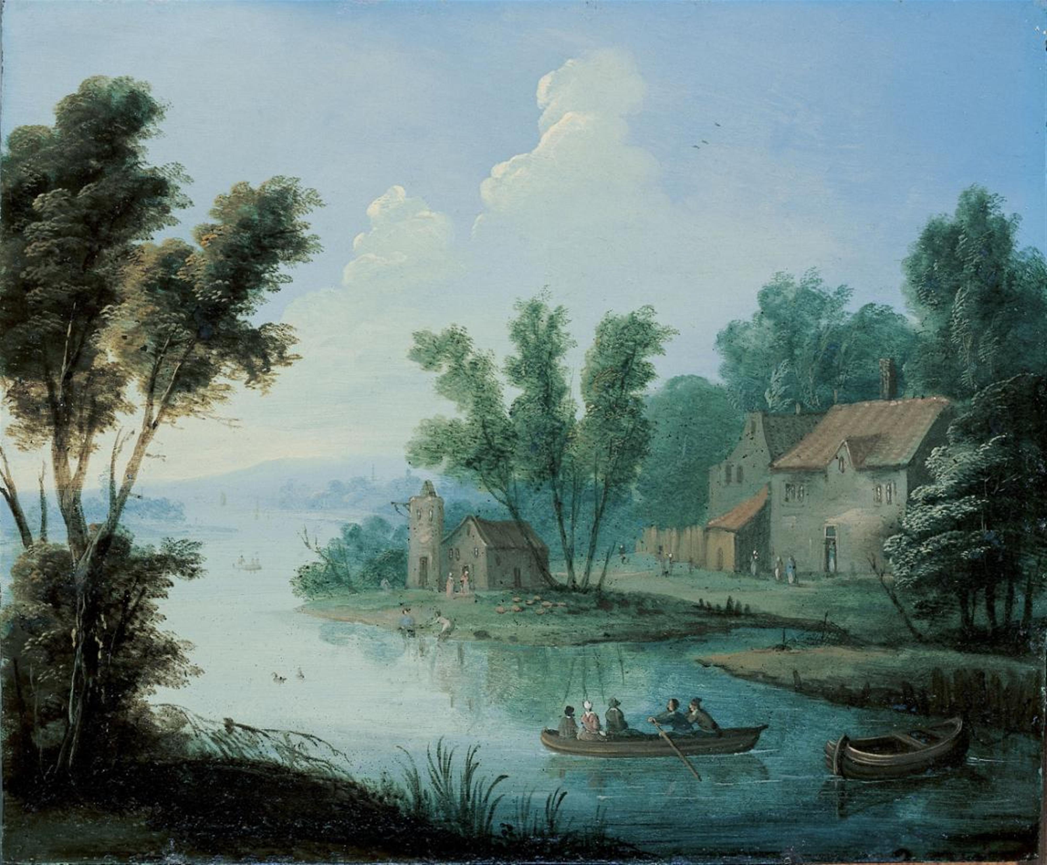 Jan Pieter van Bredael the Younger - RIVER LANDSCAPE WITH BOAT AND FARMSTEAD - image-1