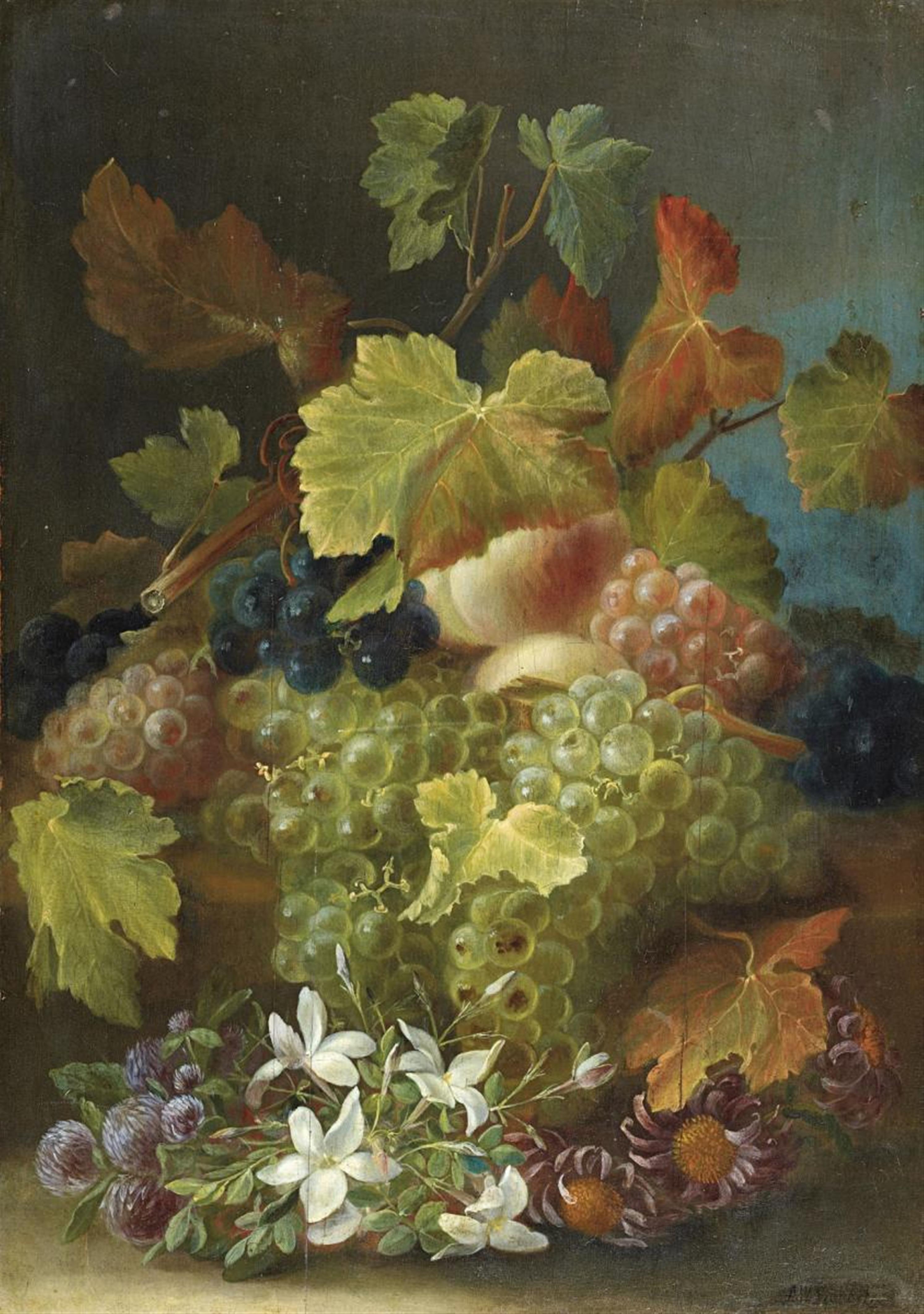 August Wilhelm Sievert - STILL LIFE WITH GRAPES AND FLOWERS - image-1
