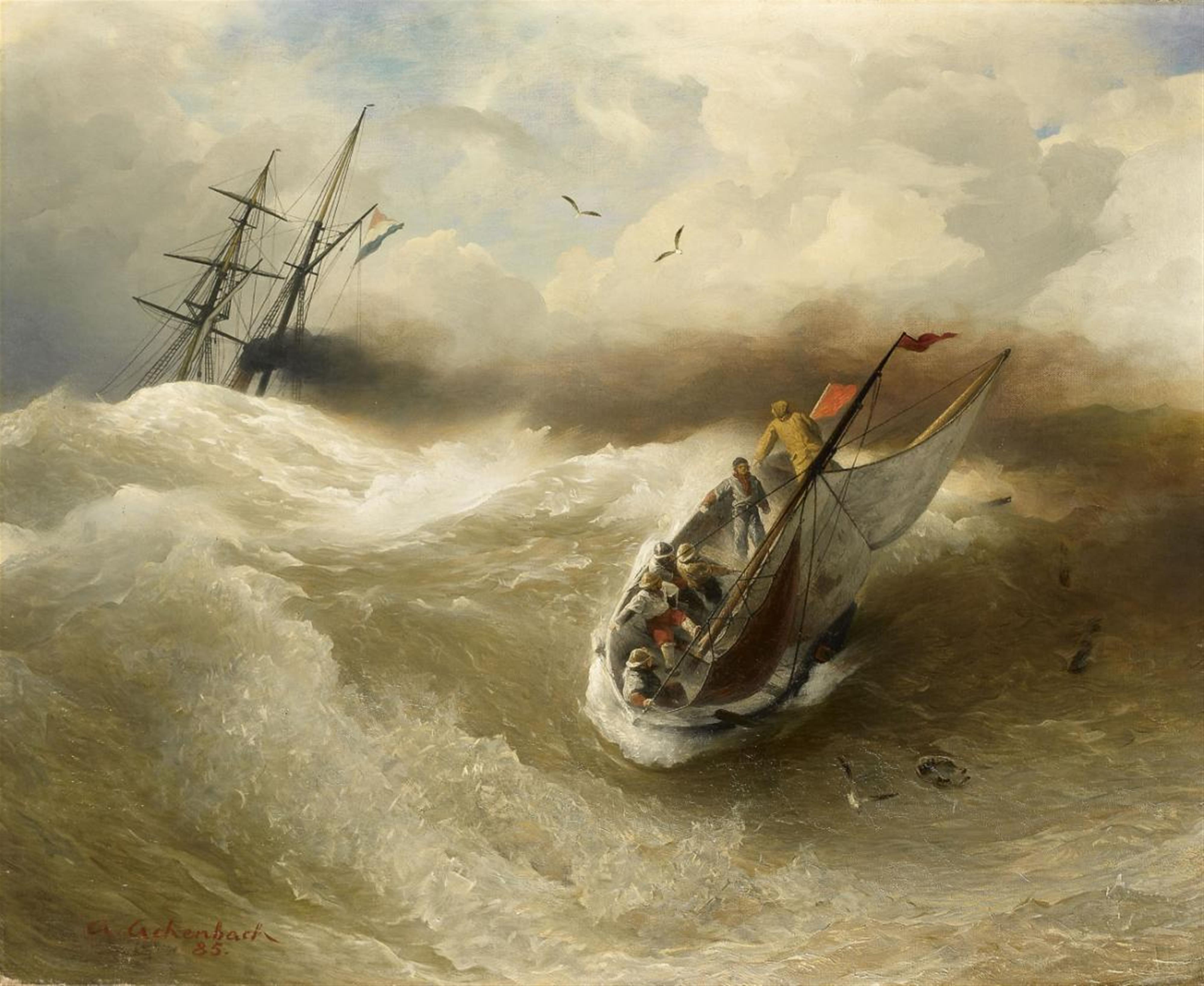 Andreas Achenbach - BOATS IN STORMY SEA - image-1