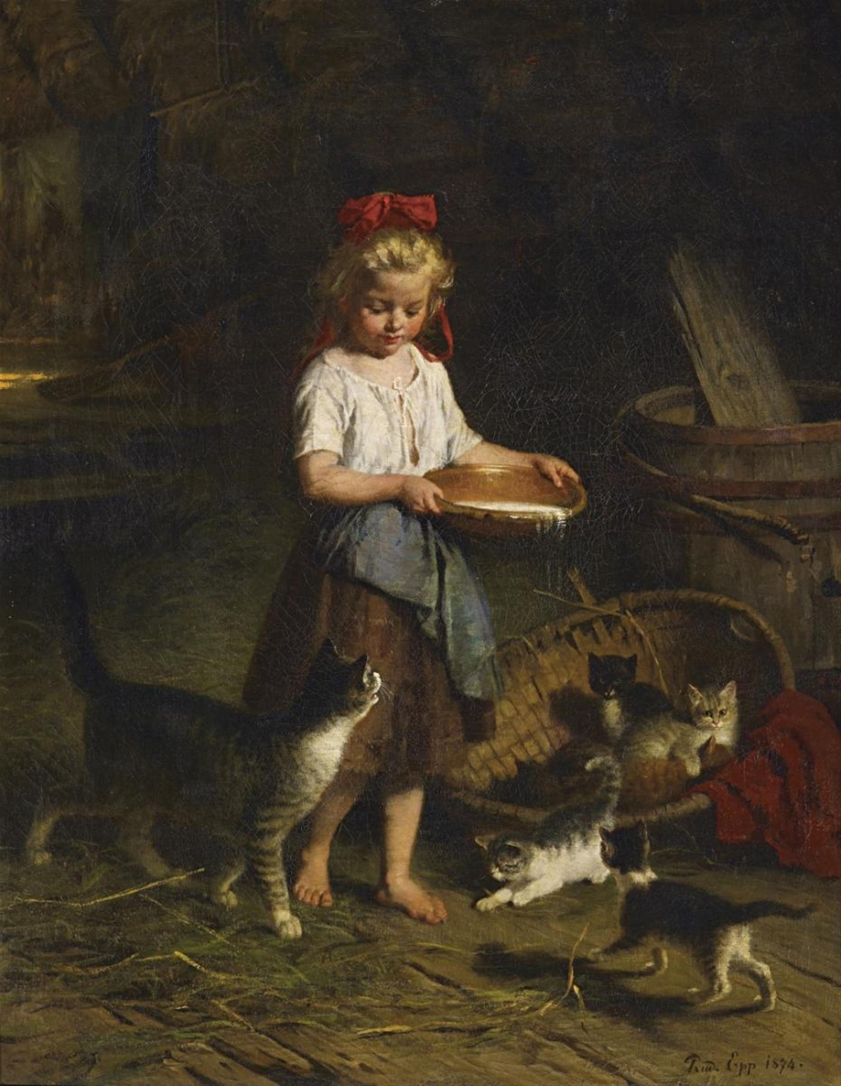 Rudolf Epp - GIRL FEEDING HER CATS - image-1