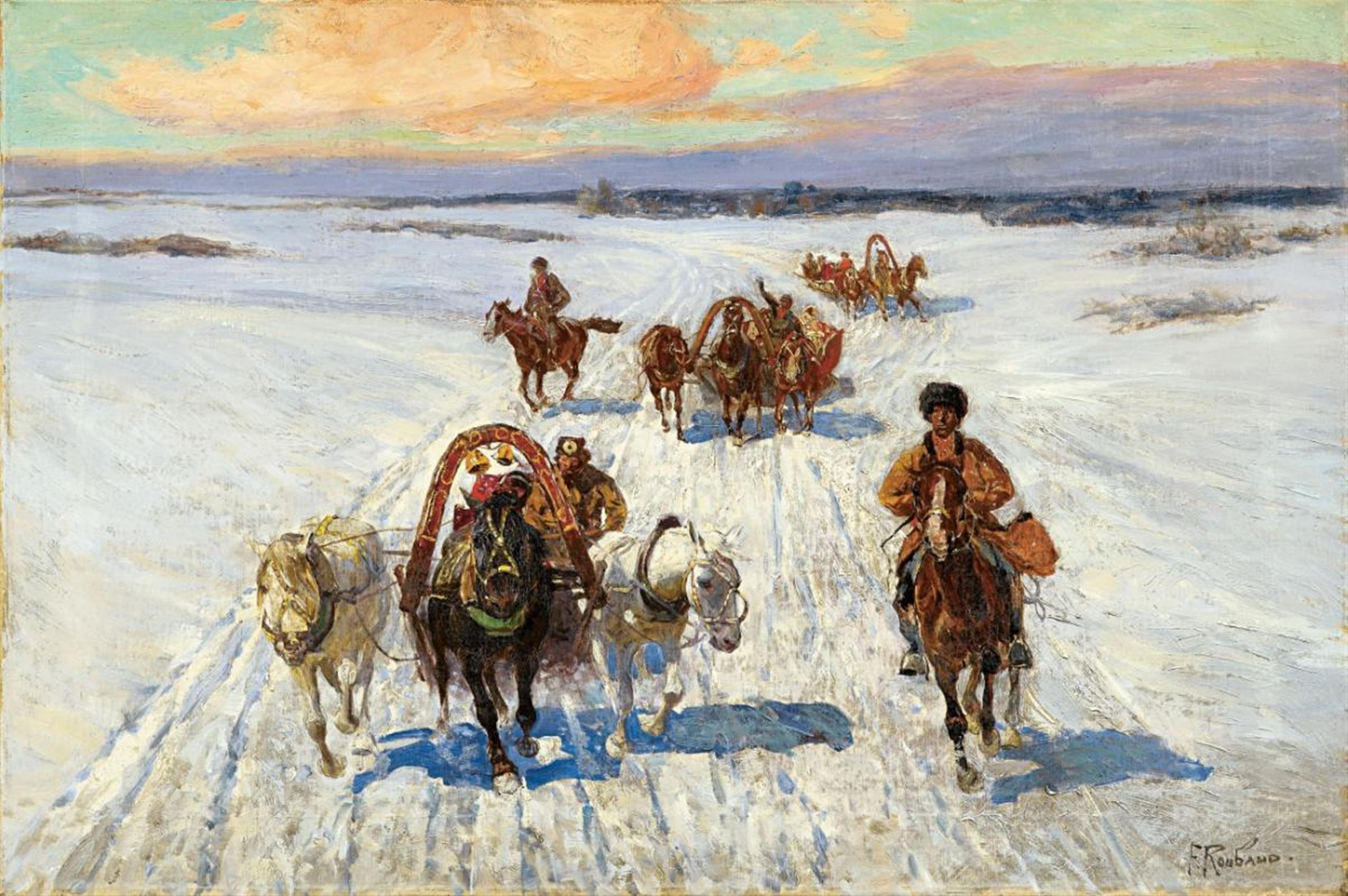 Franz Alekseyevich Roubaud - CIRCASSIAN RIDERS AND HORSE-CARTS IN A WINTER LANDSCAPE - image-1