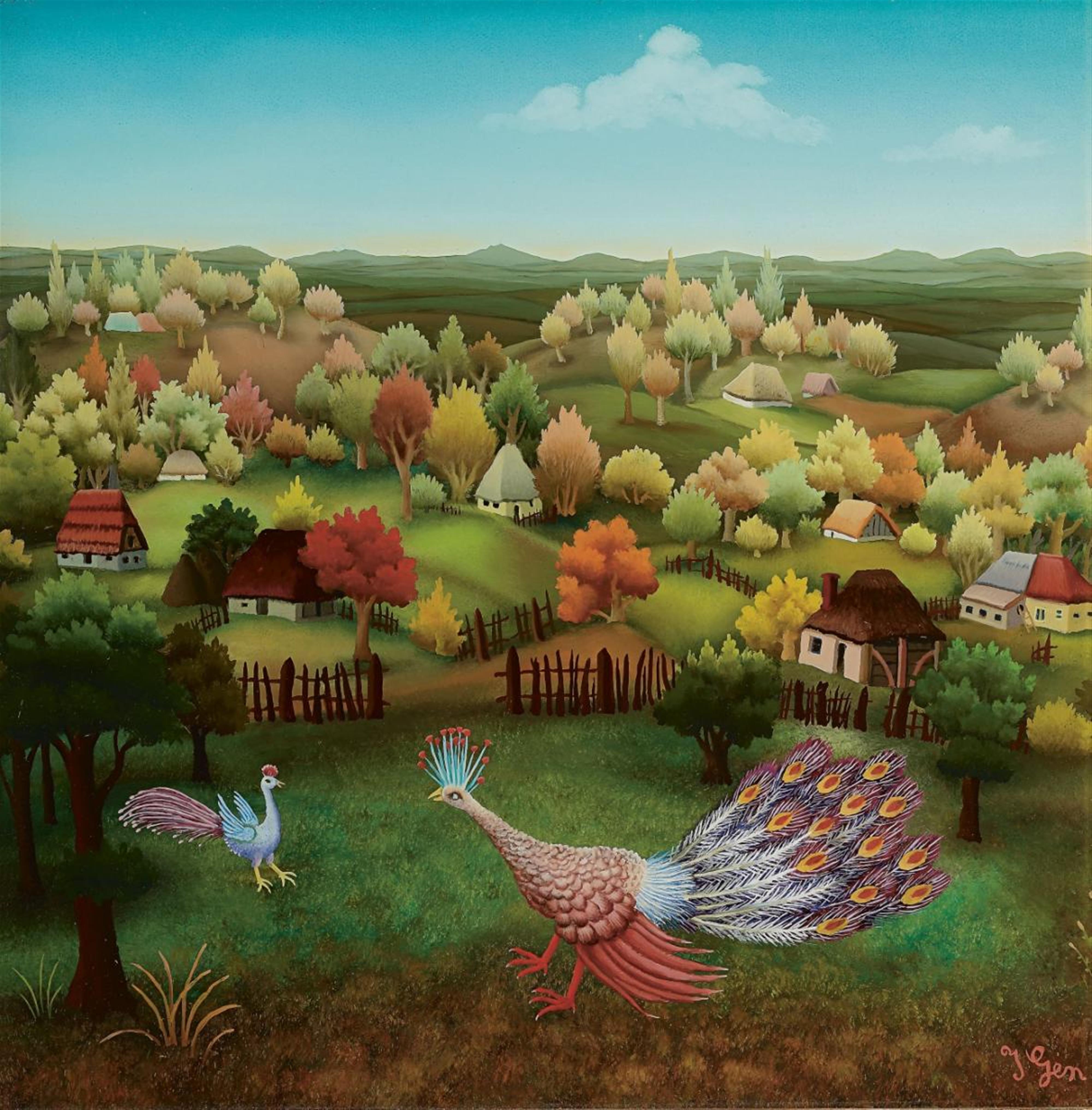 Ivan Generalic - Village Landscape with two Peacocks - image-1