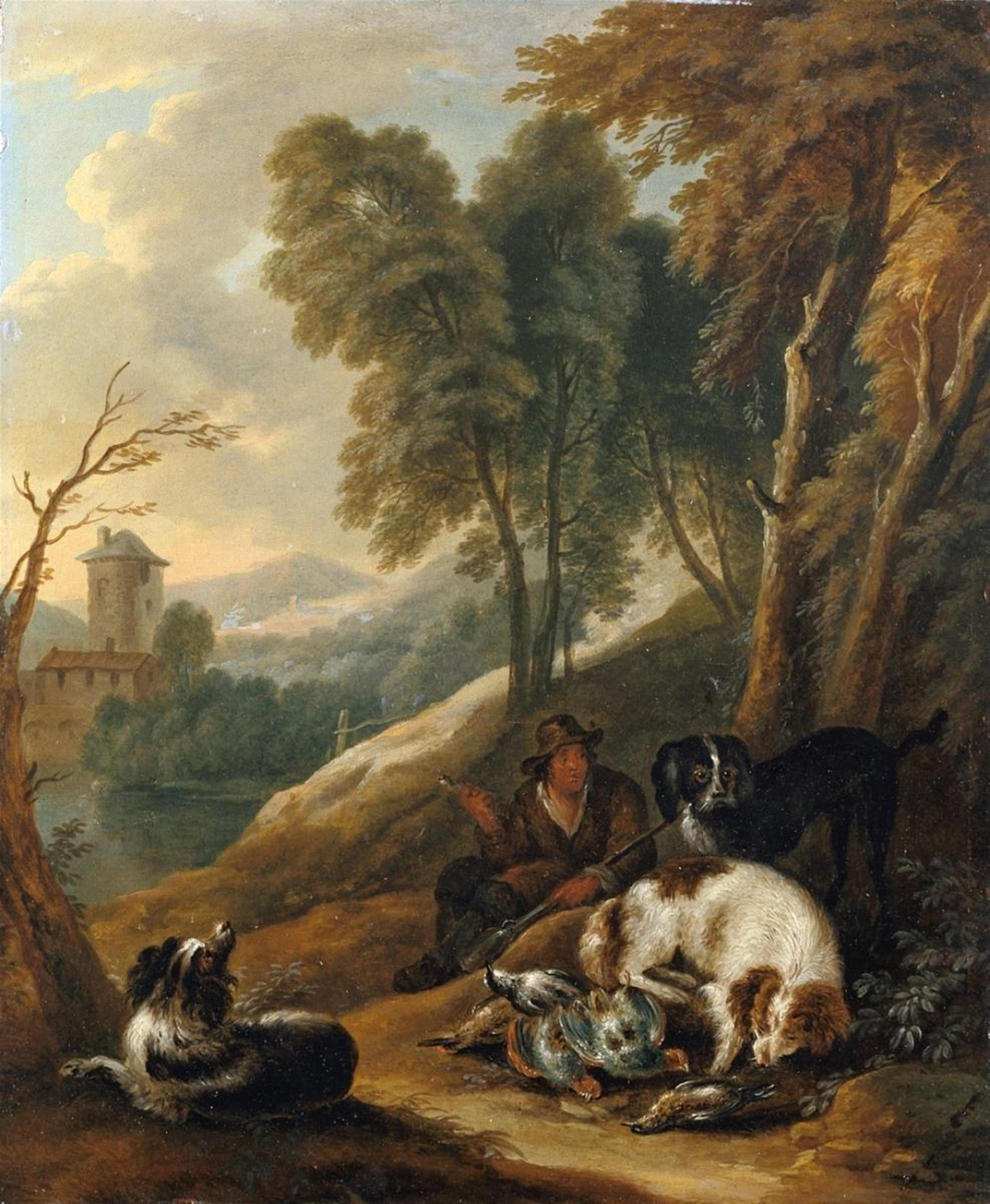 Adriaen de Gryeff - SOUTHERN LANDSCAPE WITH HUNTSMAN, DOGS AND HUNTING BAG - image-1