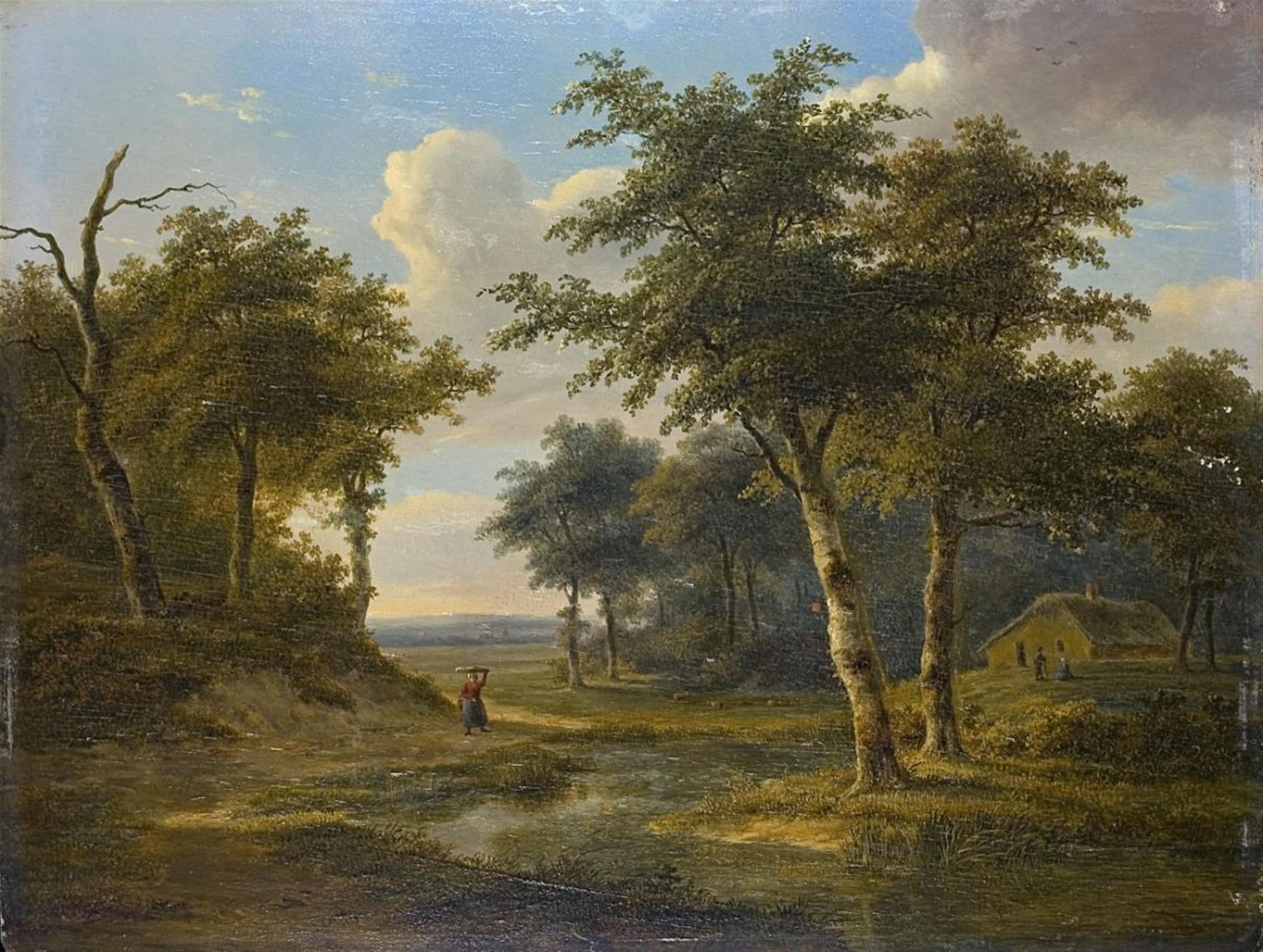 Jean Baptiste Coene - WOODED RIVER LANDSCAPE WITH FARMSTEAD AND FIGURAL STAFFAGE - image-1