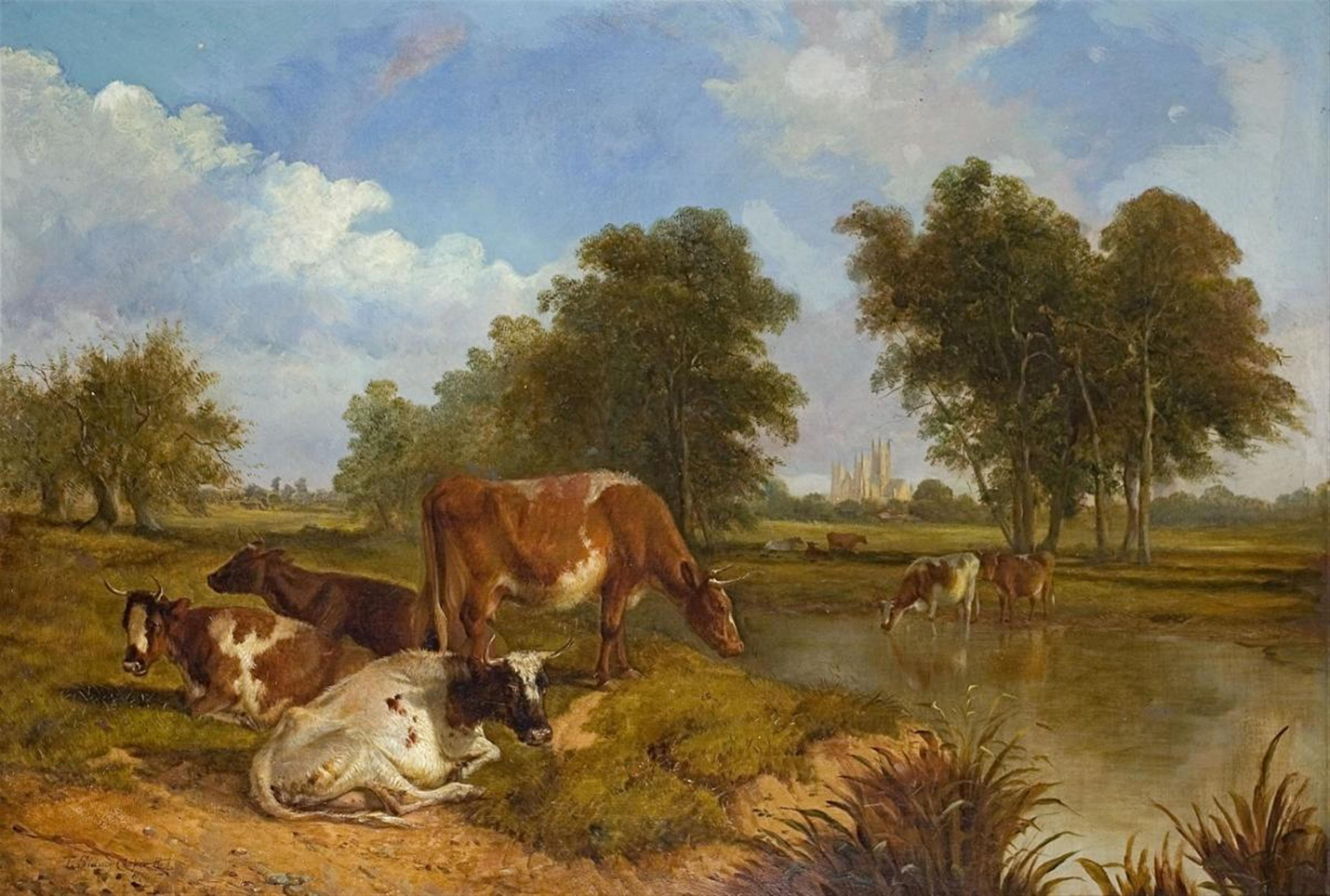 Thomas Sidney Cooper - RIVER LANDSCAPE WITH COWS AND VIEW ON CANTERBURY CATHEDRAL - image-1