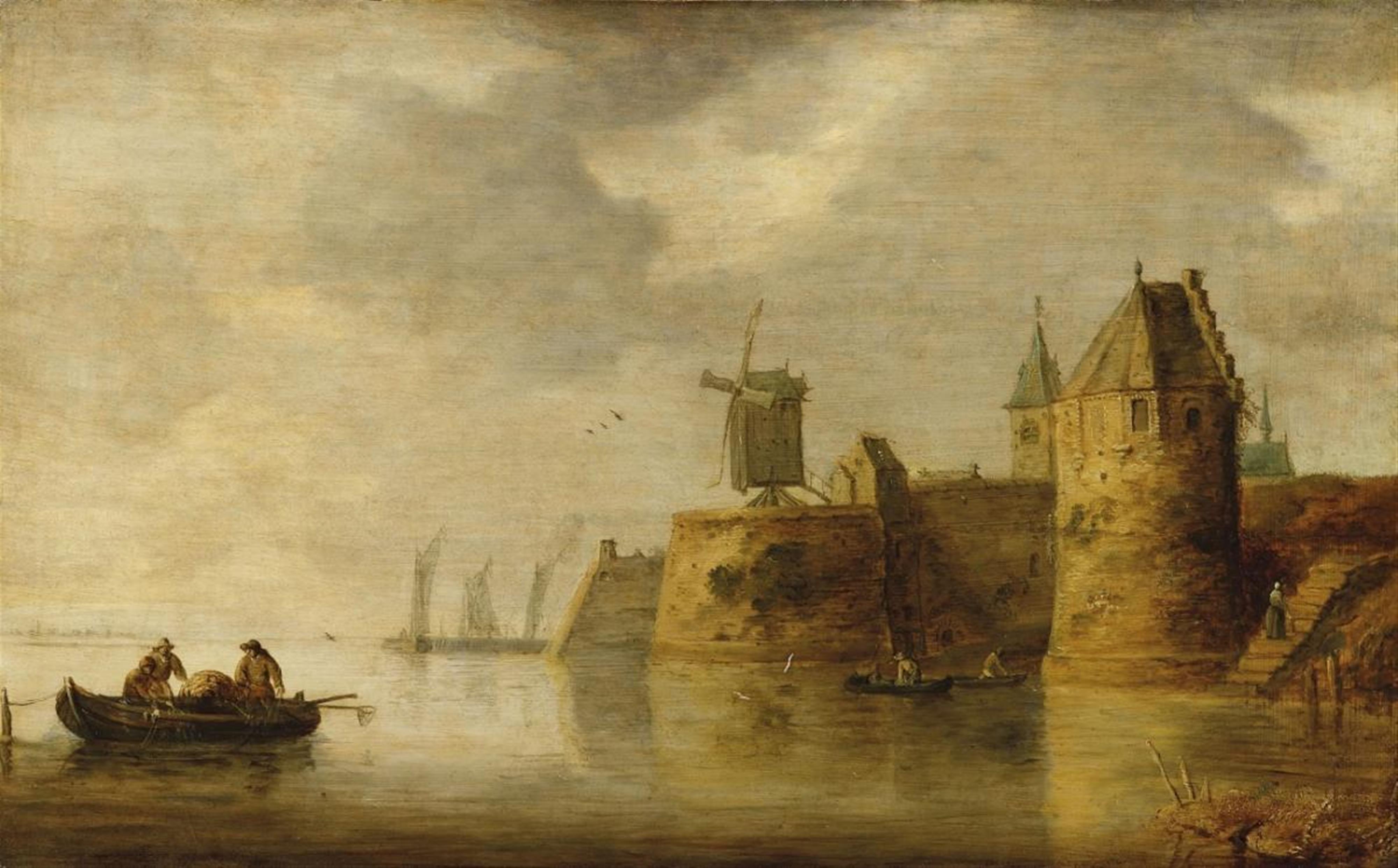 Frans de Hulst - RIVER LANDSCAPE WITH WIND-MILL AND BOATS - image-1