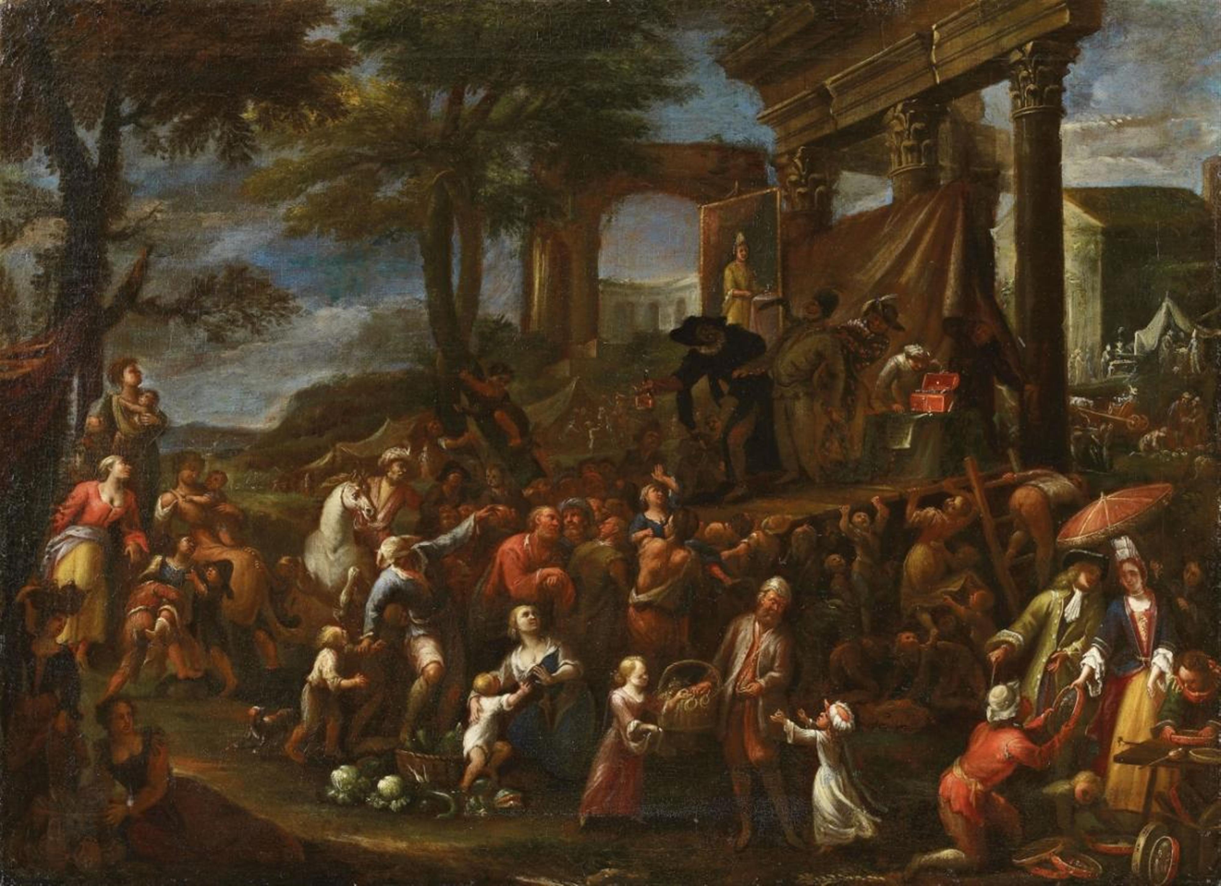 German School, early 18th century - TWO SCENES WITH TRAVELLING THEATRE AND AUDIENCE - image-1