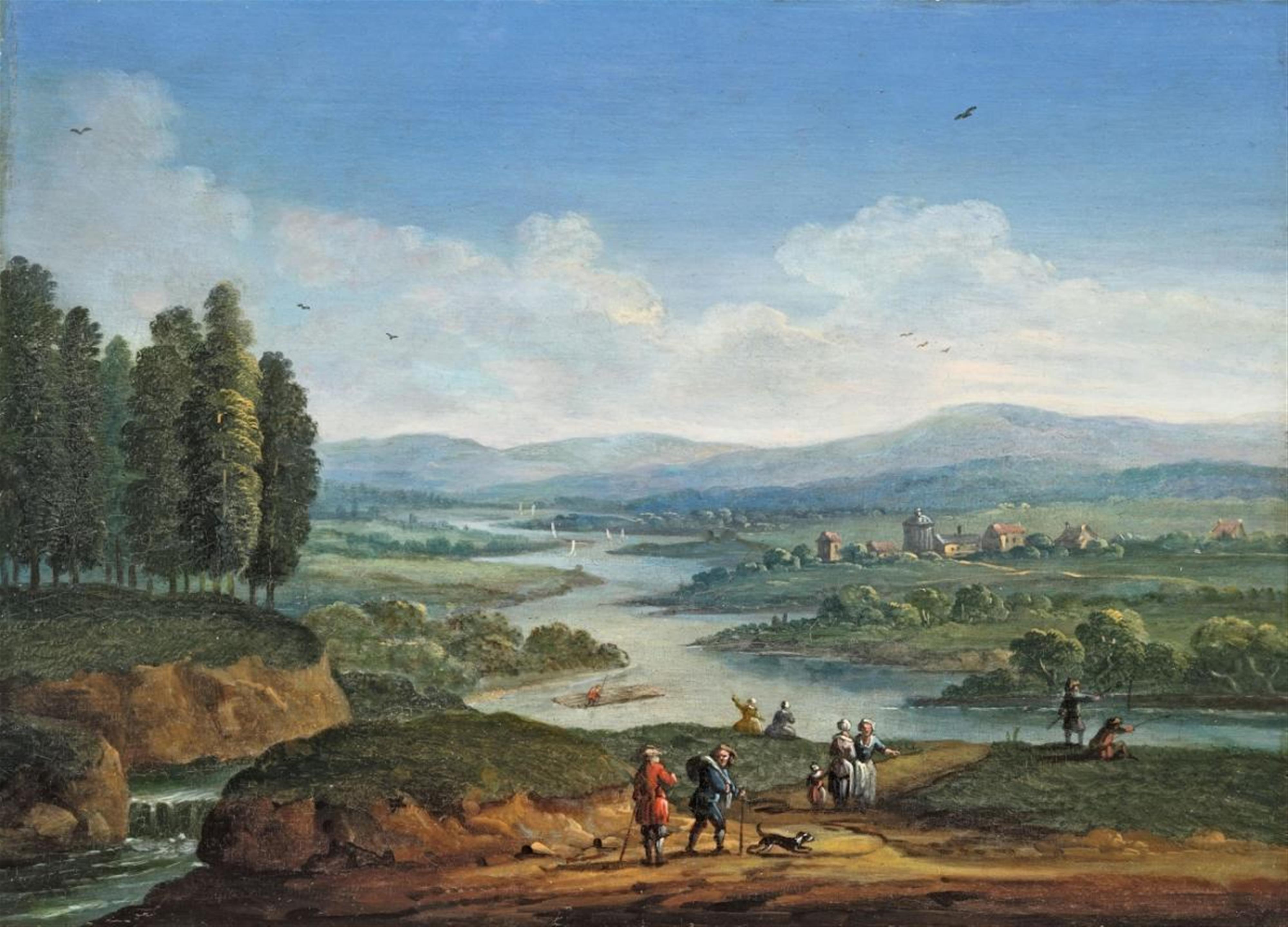 Jan Pieter van Bredael the Younger, attributed to - RIVER LANDSCAPE WITH ANGLERS - image-1