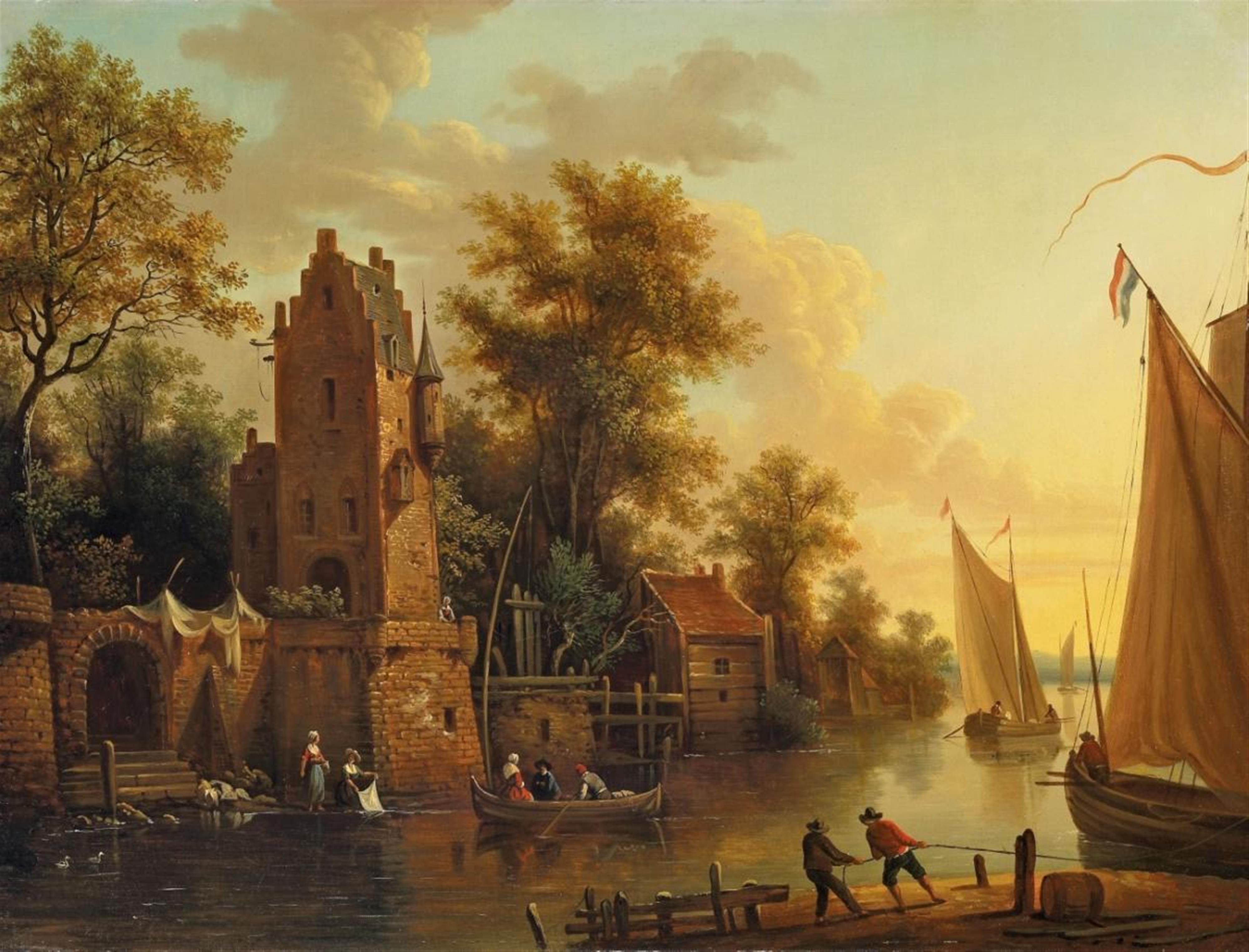 Frans Swagers, attributed to - RIVER LANDSCAPE WITH BOATS AND ARCHITECTURAL STAFFAGE - image-1