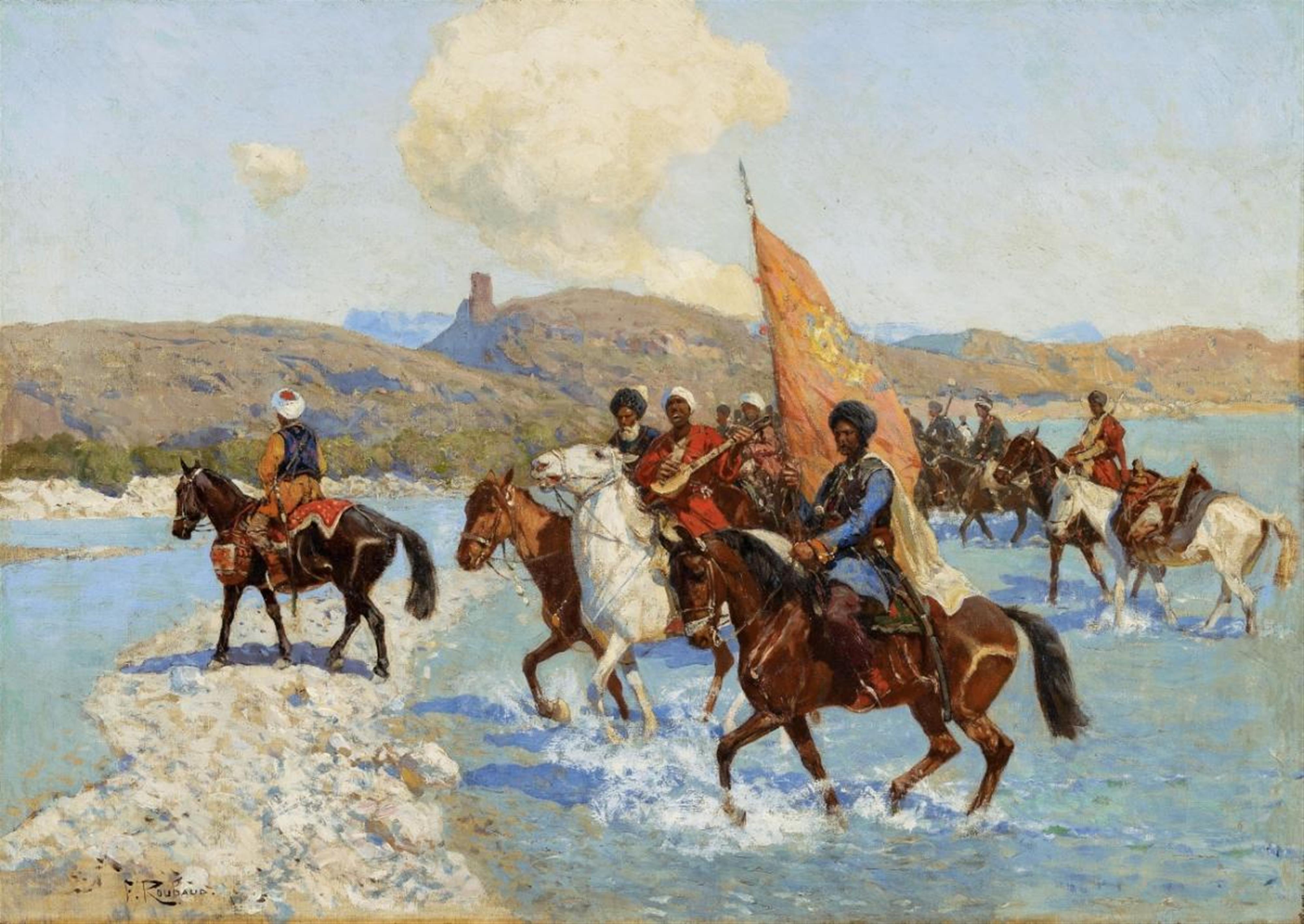 Franz Alekseyevich Roubaud - CERCASSIAN RIDERS PASSING A RIVER - image-1
