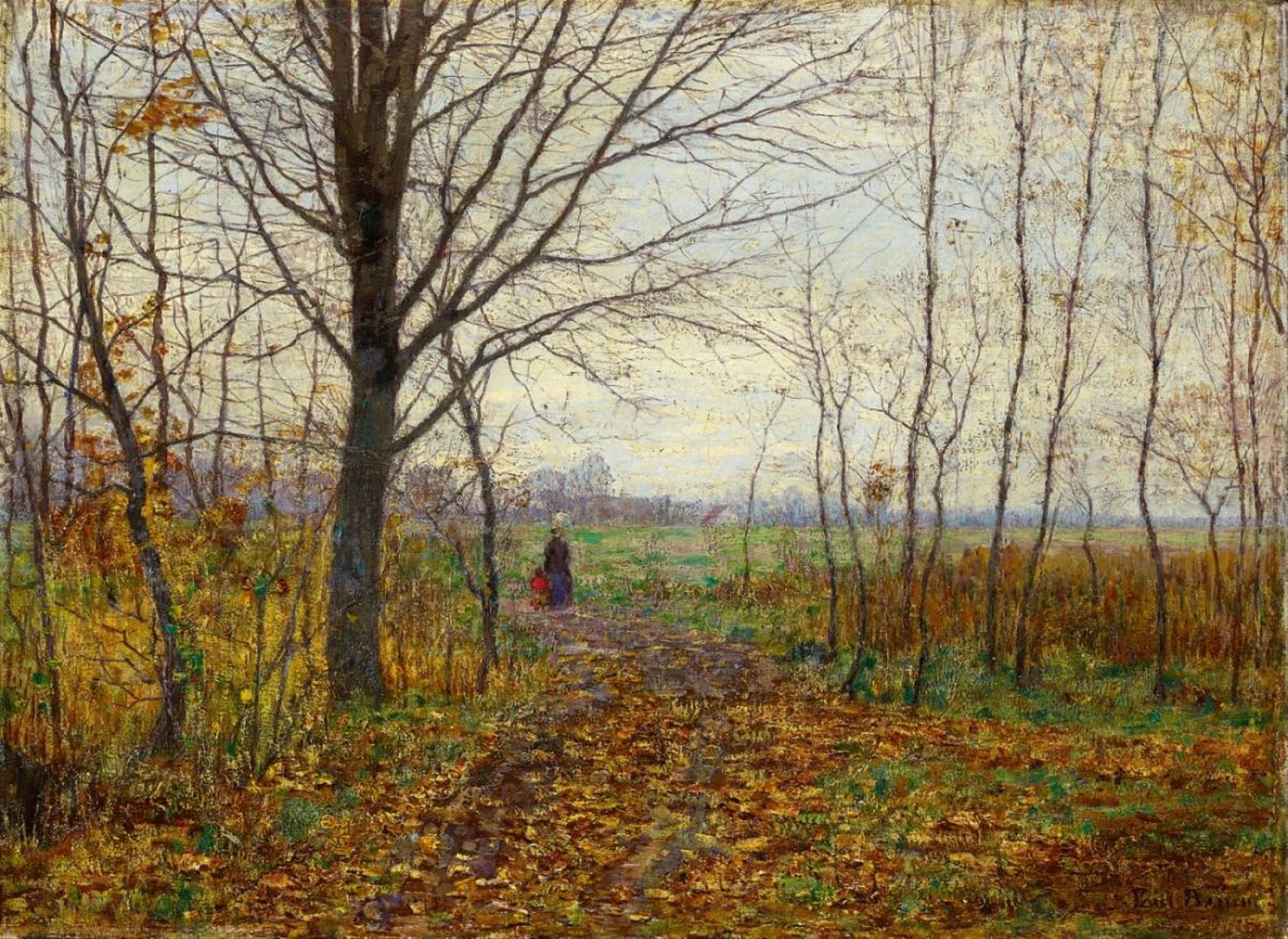Paul Baum - Blick aus Waldrand auf Vorfrühlingswiesen, mit Frau und Kind, die aus dem Wald gehen (View from the Edge of a Wood to early Spring Meadows, with Woman and Child walking out of the Wood) - image-1