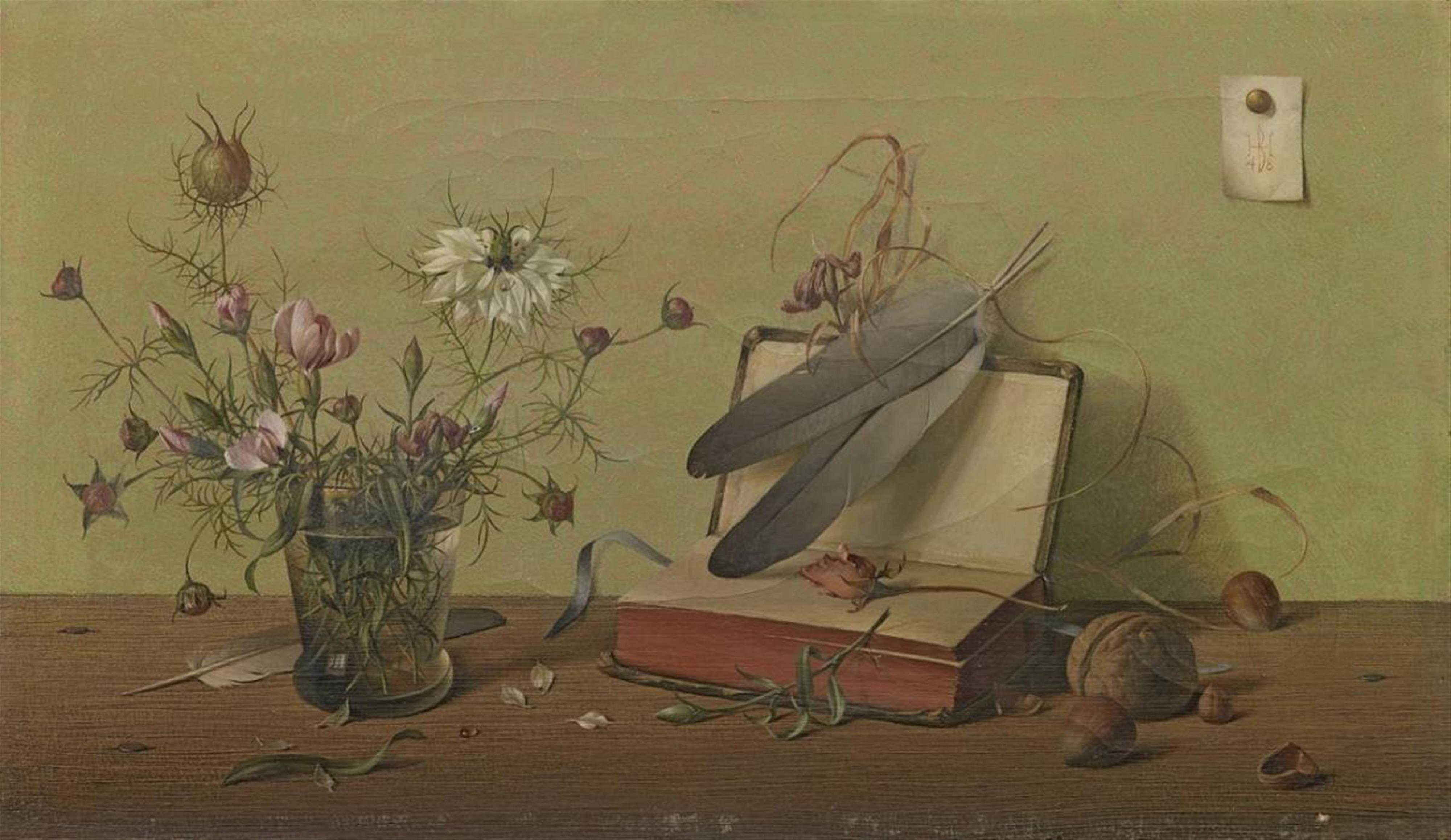 Herbert Böttger - Stilleben mit Feldblumenstrauss, Nüssen, Federn und Buch (Still-life with bouquet of field flowers, nuts, feathers and book) - image-1