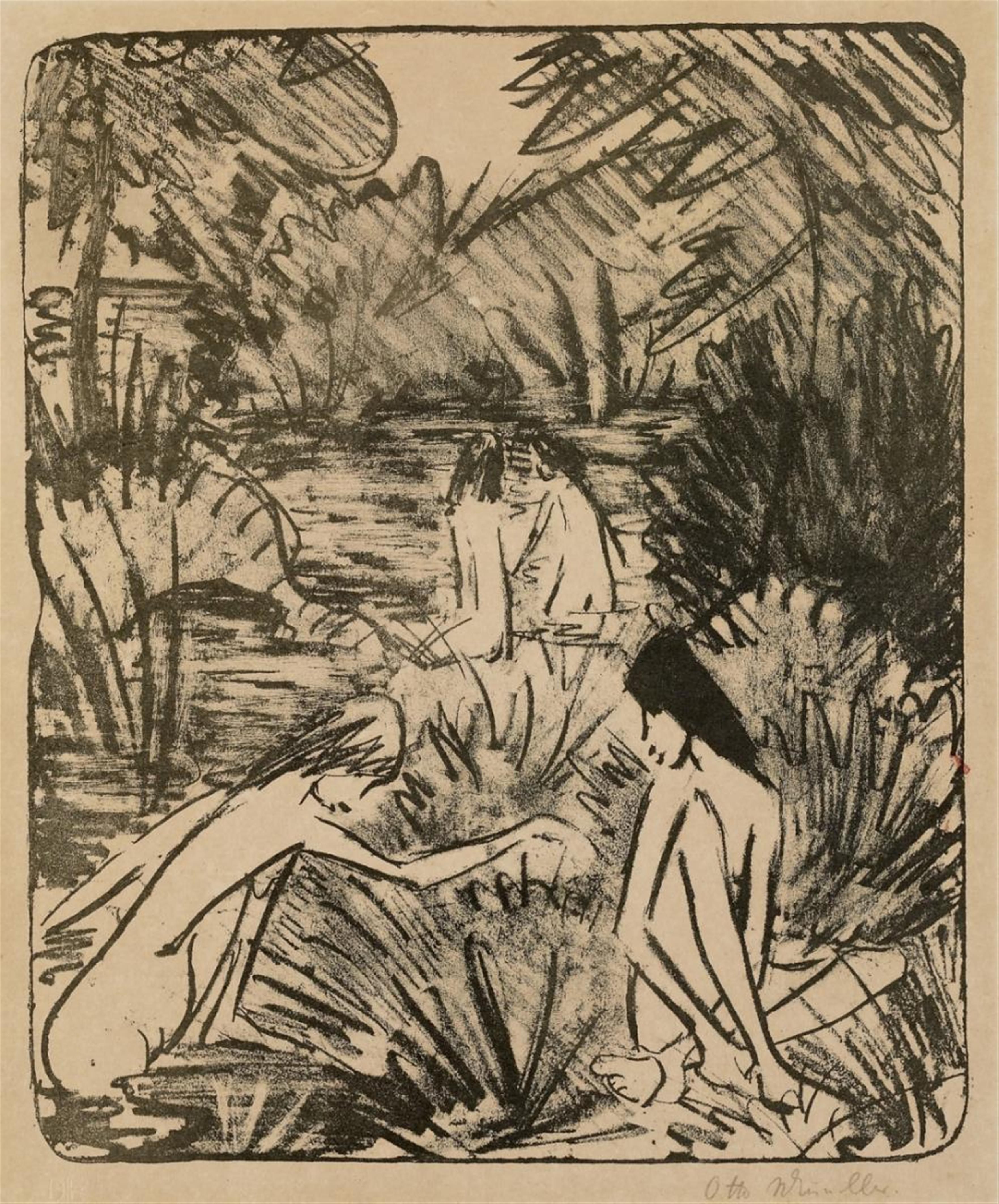 Otto Mueller - Waldsee mit drei badenden und einem sitzenden Mädchen 2 (Forest Lake with Three Bathing and one Sitting Girl 2) - image-1