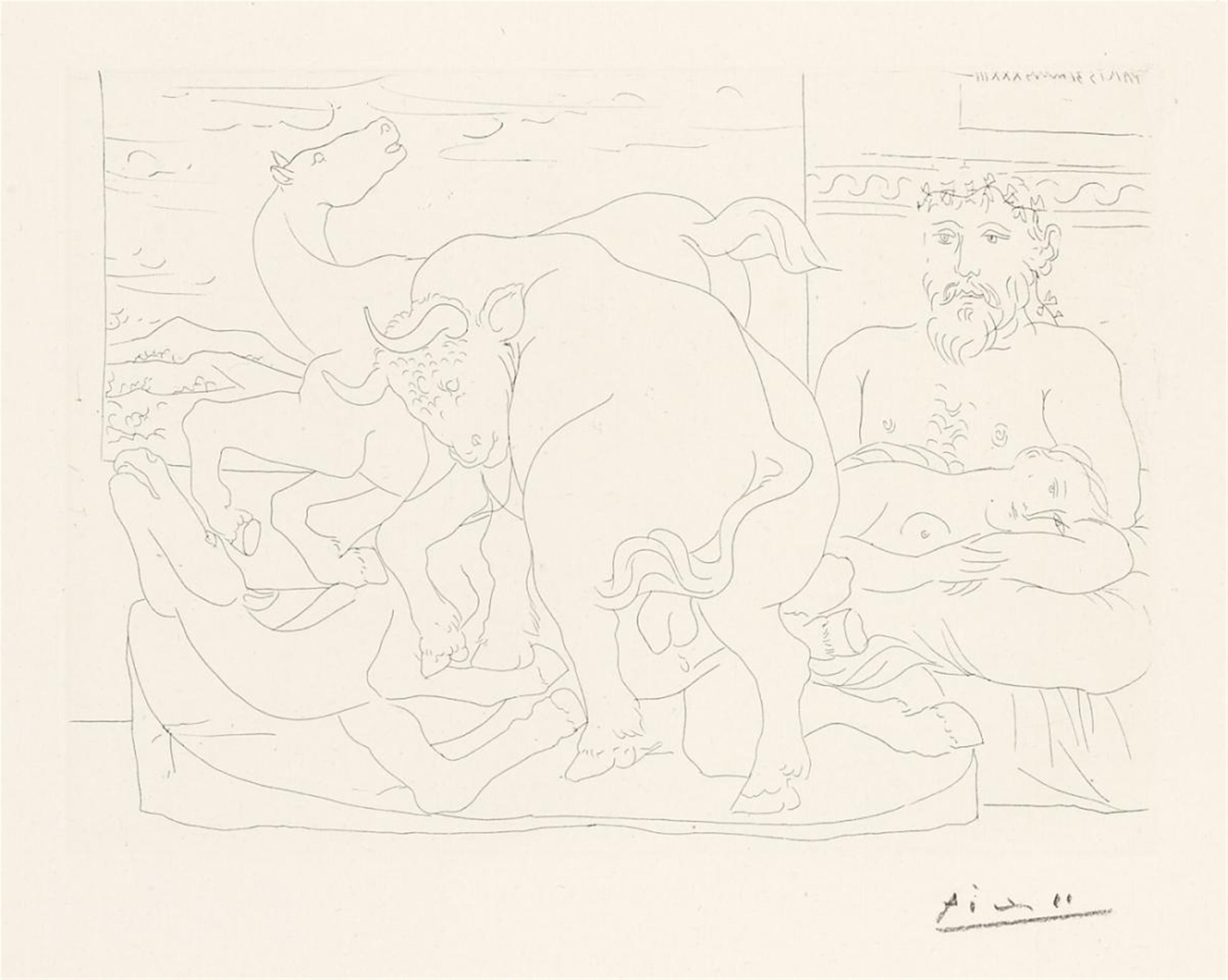 Pablo Picasso - Sculpteur et son modèle avec un groupe sculpté représentant un taureau attaquant des chevaux - image-1