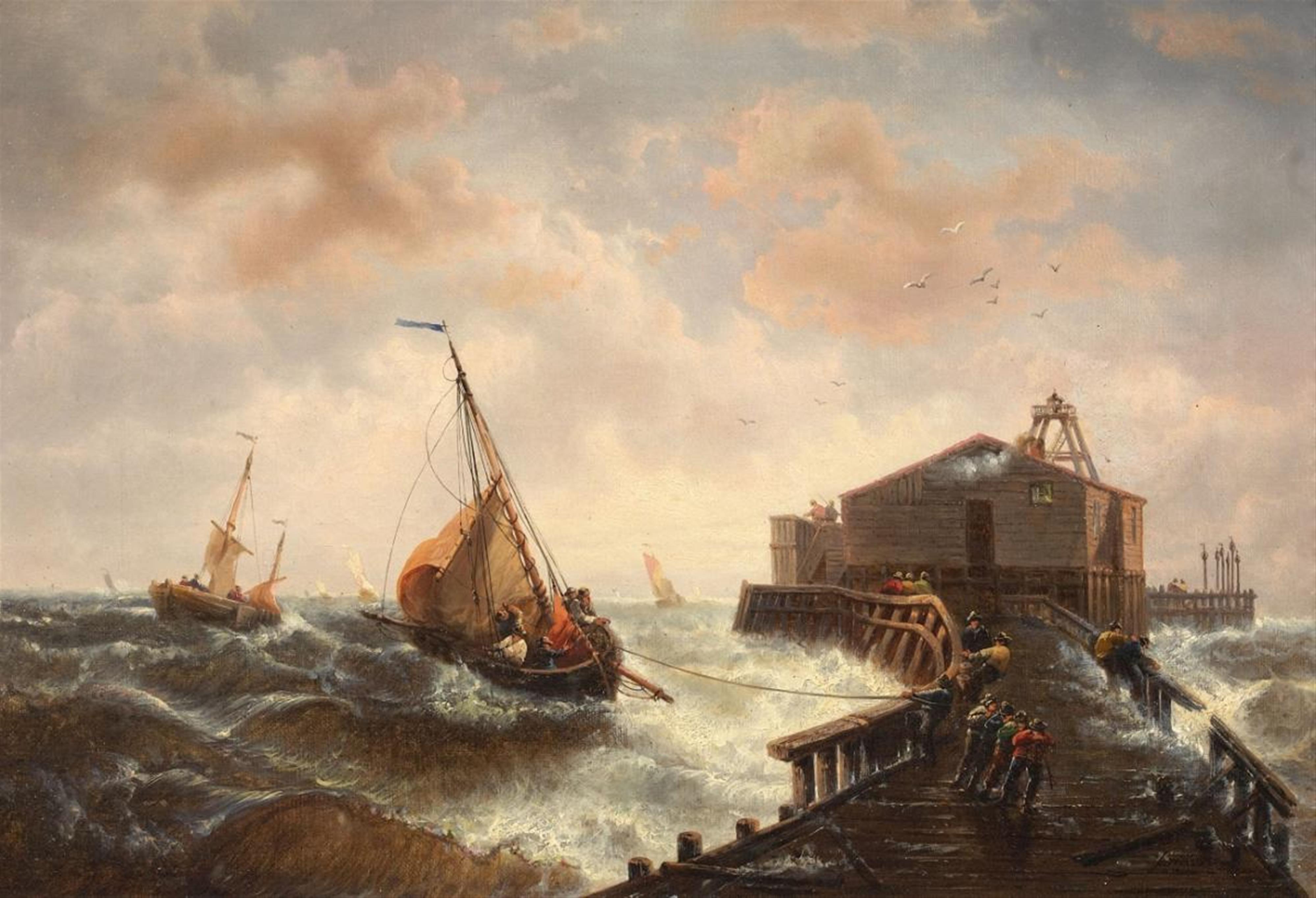 François-Étienne Musin - SAILING SHIPS ON A STORMY SEA IN FRONT OF A PIER - image-1