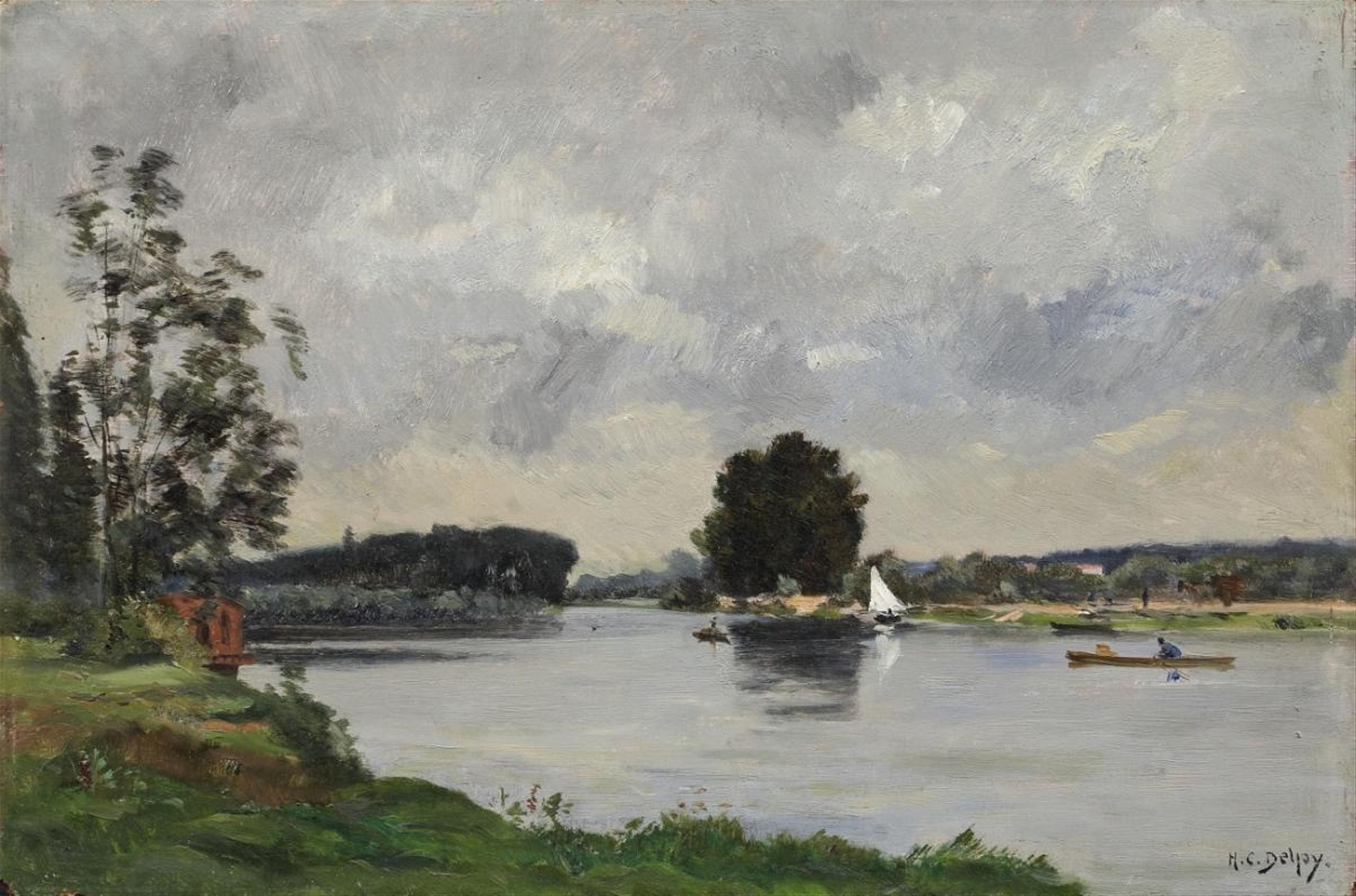 Hippolyte Camille Delpy - RIVER LANDSCAPE WITH BOATS - image-1