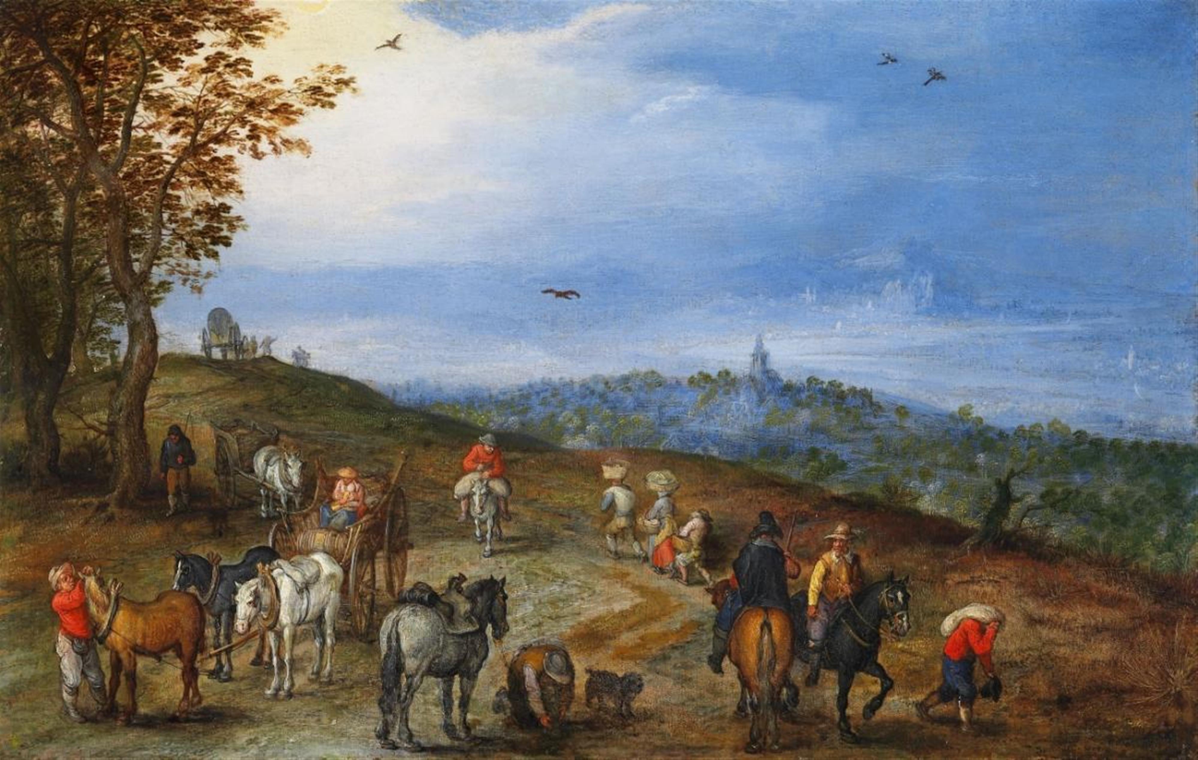 Jan Brueghel d. Ä. - WEITE LANDSCHAFT MIT PFERDEKARREN, REITERN UND WANDERERN - image-1