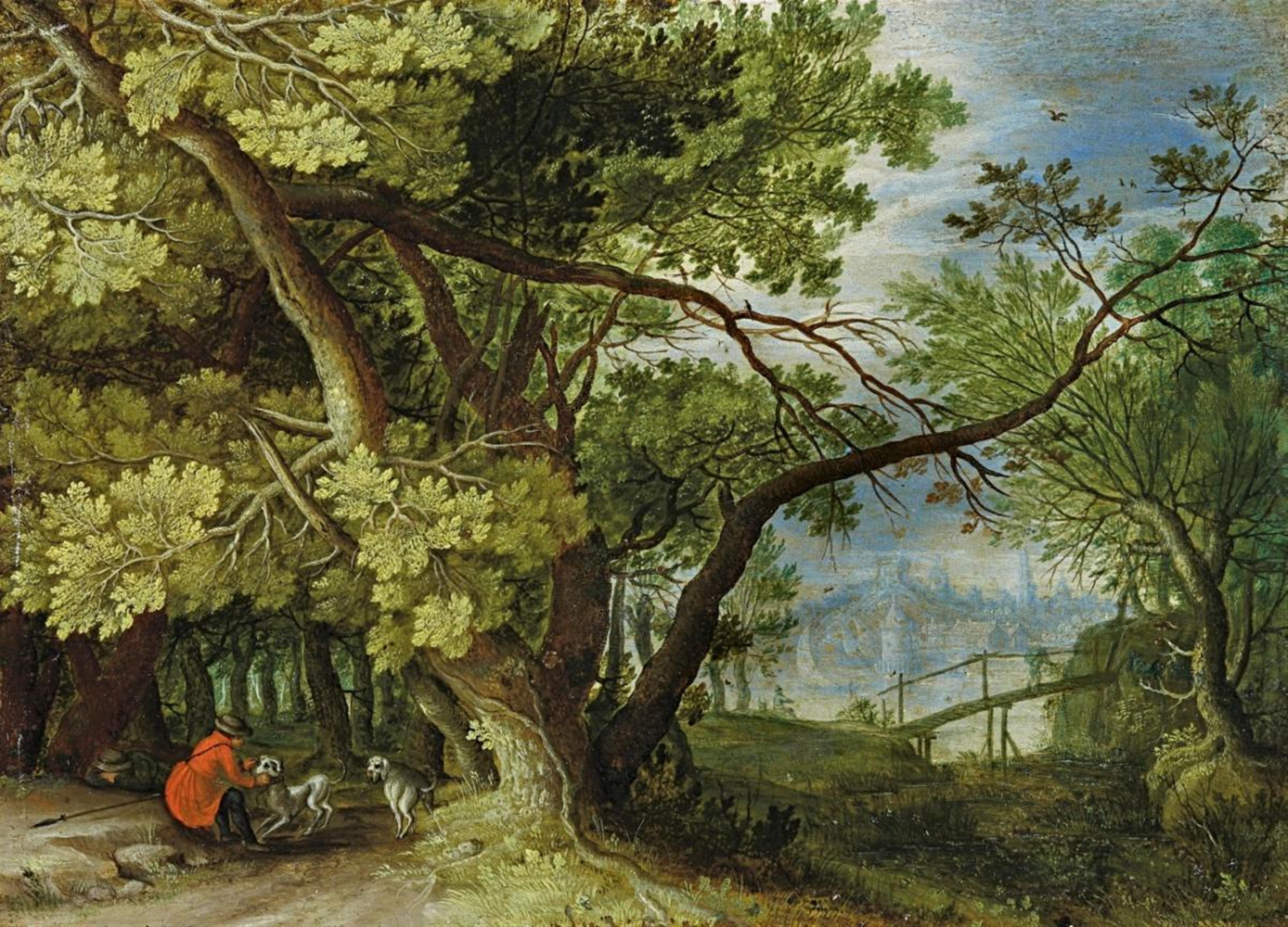 Jan Brueghel d. Ä. - WALDLANDSCHAFT MIT JÄGER, HUNDEN UND EINEM DURCHBLICK AUF EINE STADT AM WASSER - image-1