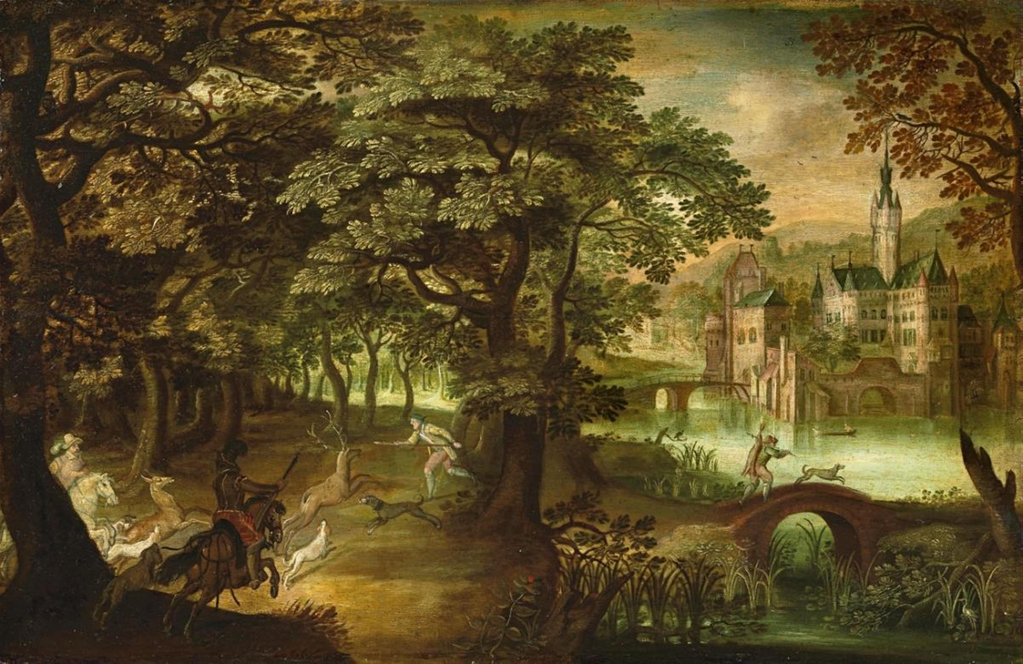 Flemish School, early 17th century - WOODED LANDSCAPE WITH DEER HUNT AND MOATED CASTLE - image-1