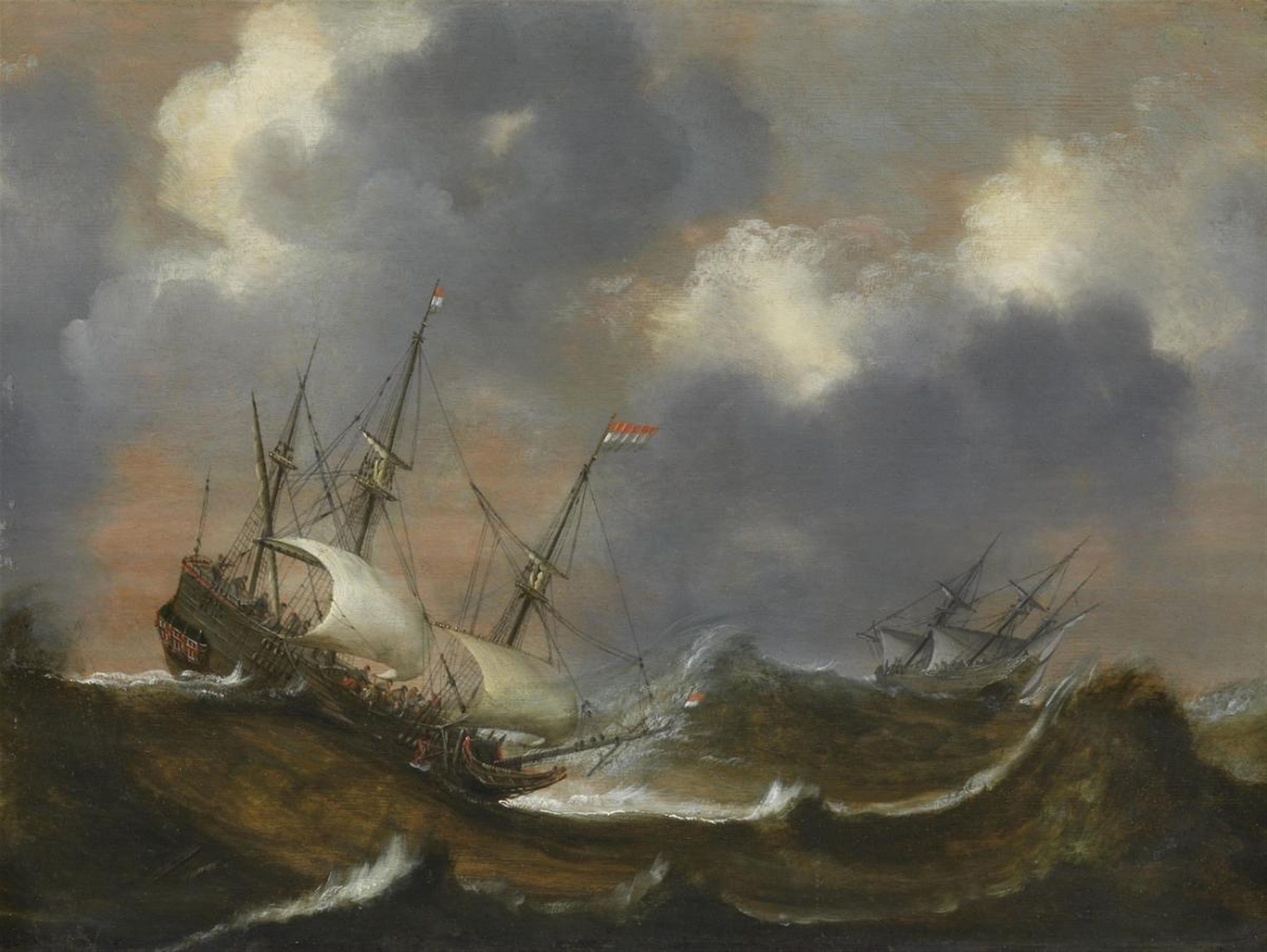 Claes Claesz. Wou - BATTLE SHIPS IN A STORMY SEA - image-1