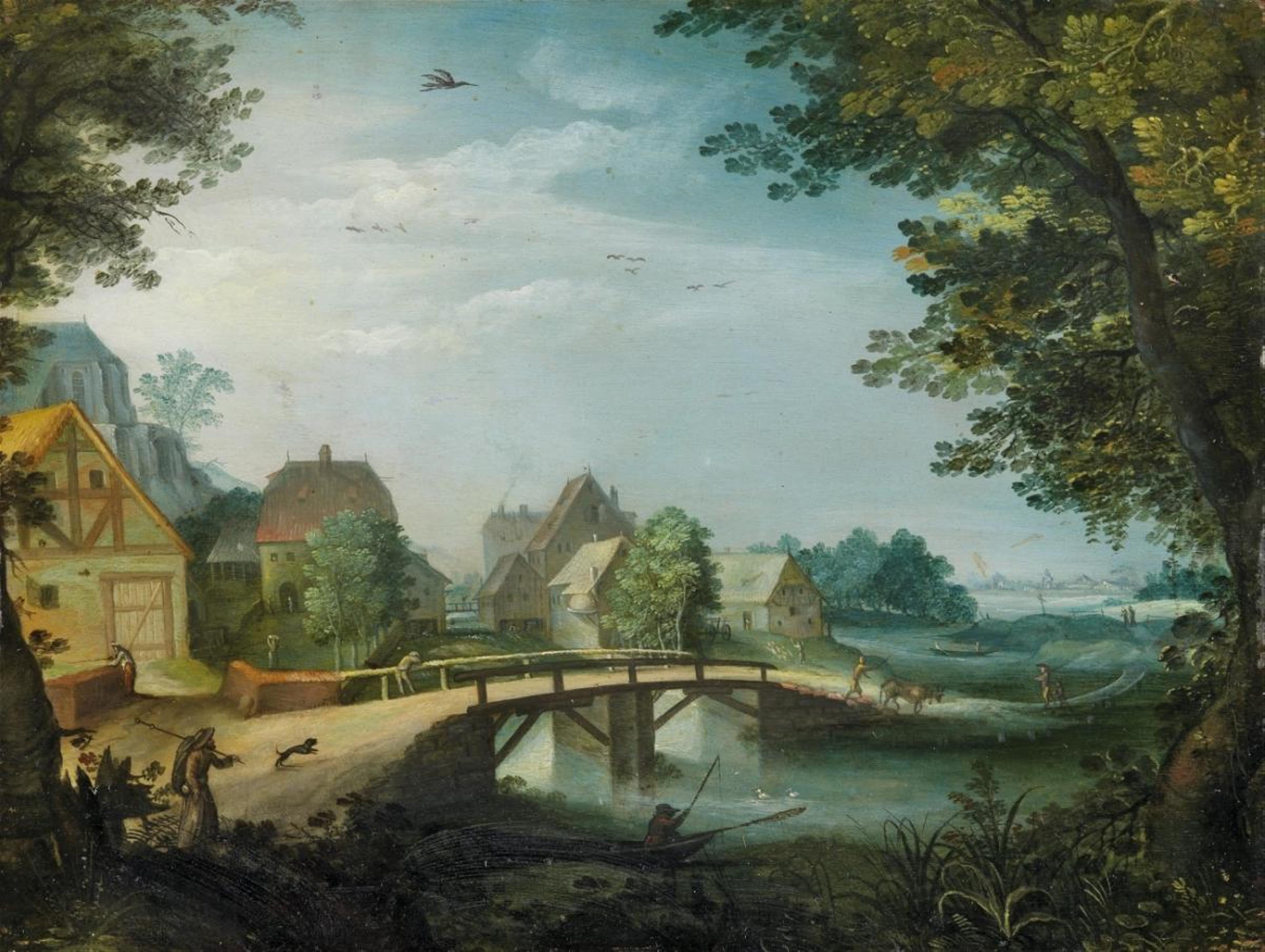 Flemish School, 17th century - LANDSCAPE OF A VILLAGE WITH RIVER AND BRIDGE - image-1