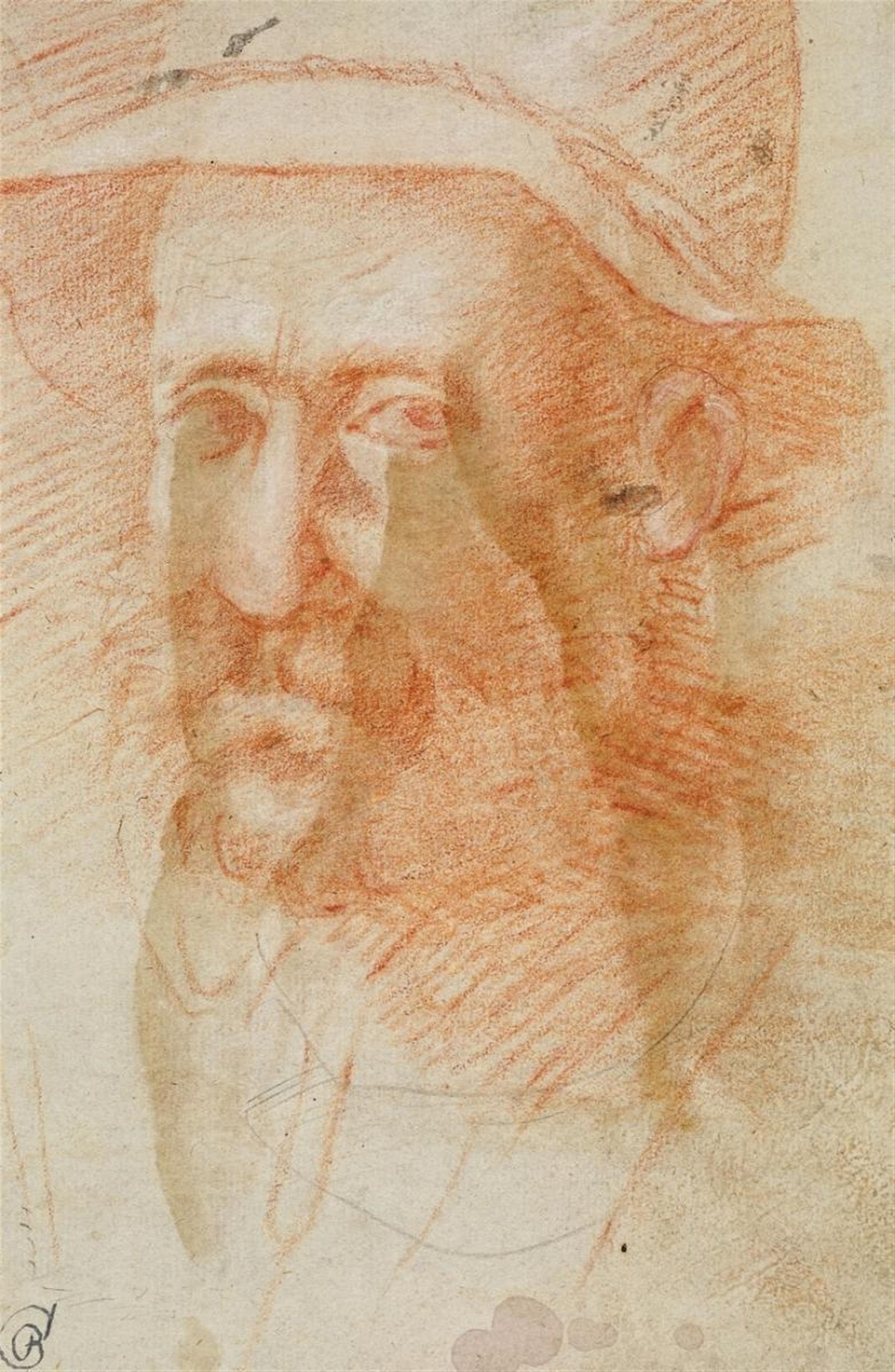 Domenico Beccafumi - STUDY OF A LEG VERSO: PORTRAIT OF A BEARDED MAN WITH HAT. Red chalk - image-2
