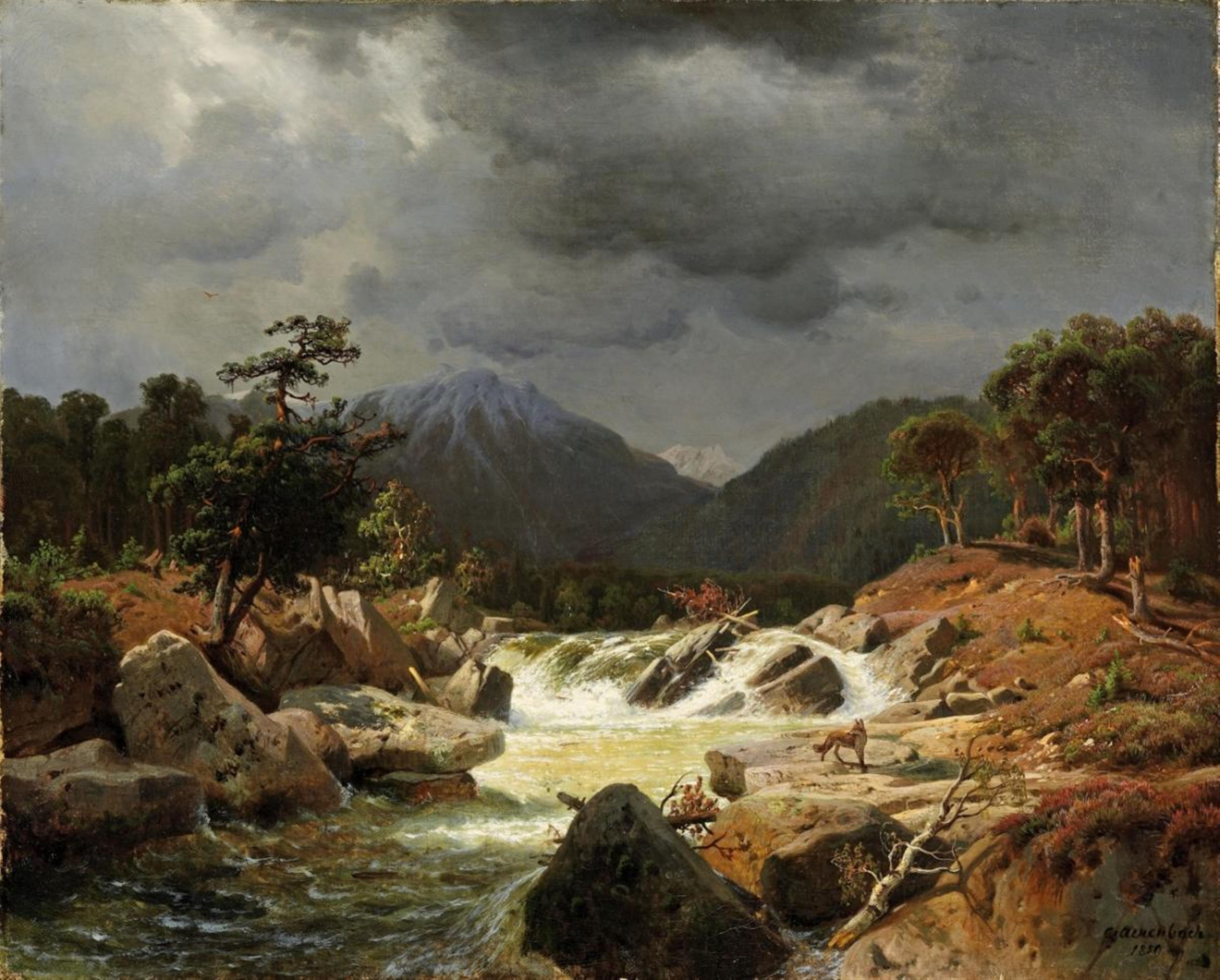 Andreas Achenbach - NORWEGEAN LANDSCAPE WITH TORRENT AND FOX - image-1