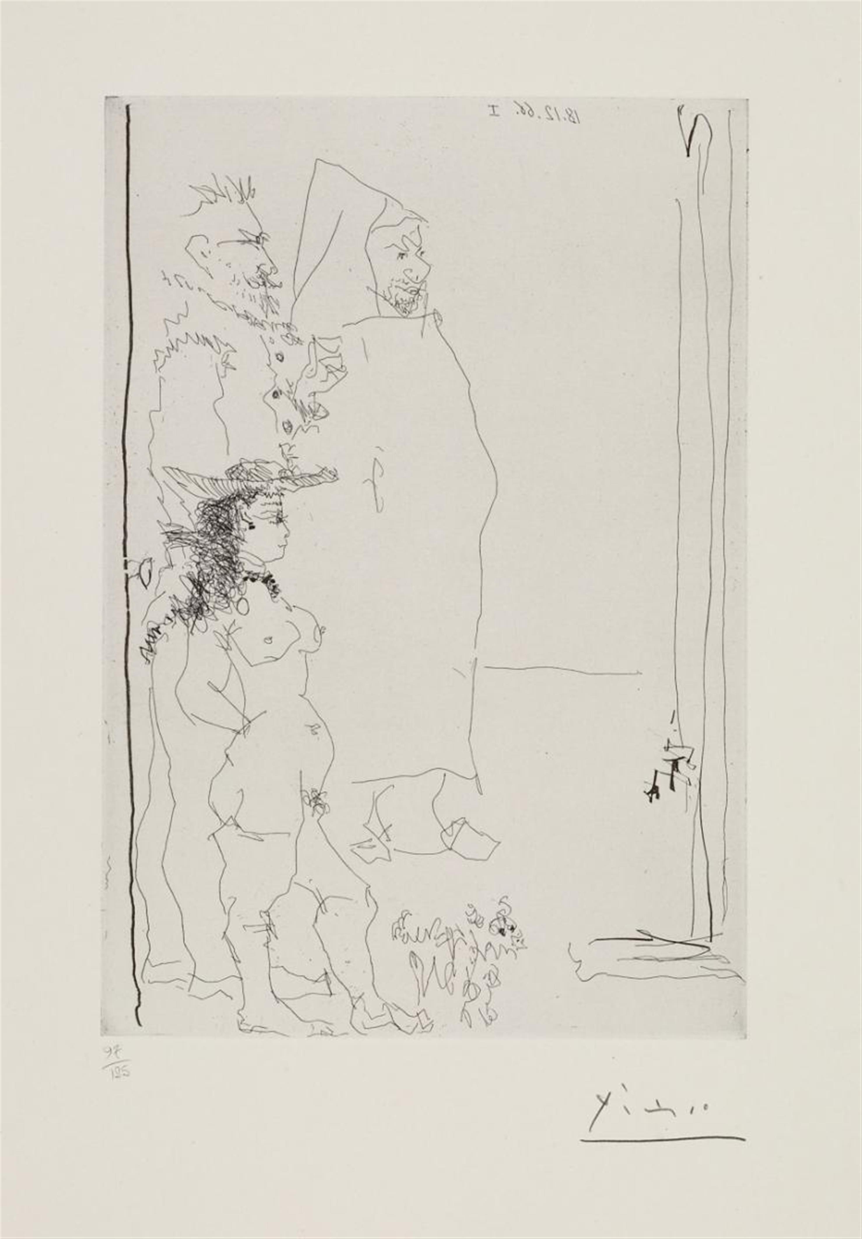 Pablo Picasso - Trois personnages, dont une caricature d'après El Greco et une d'après TINTIN, et un petit chien - image-1