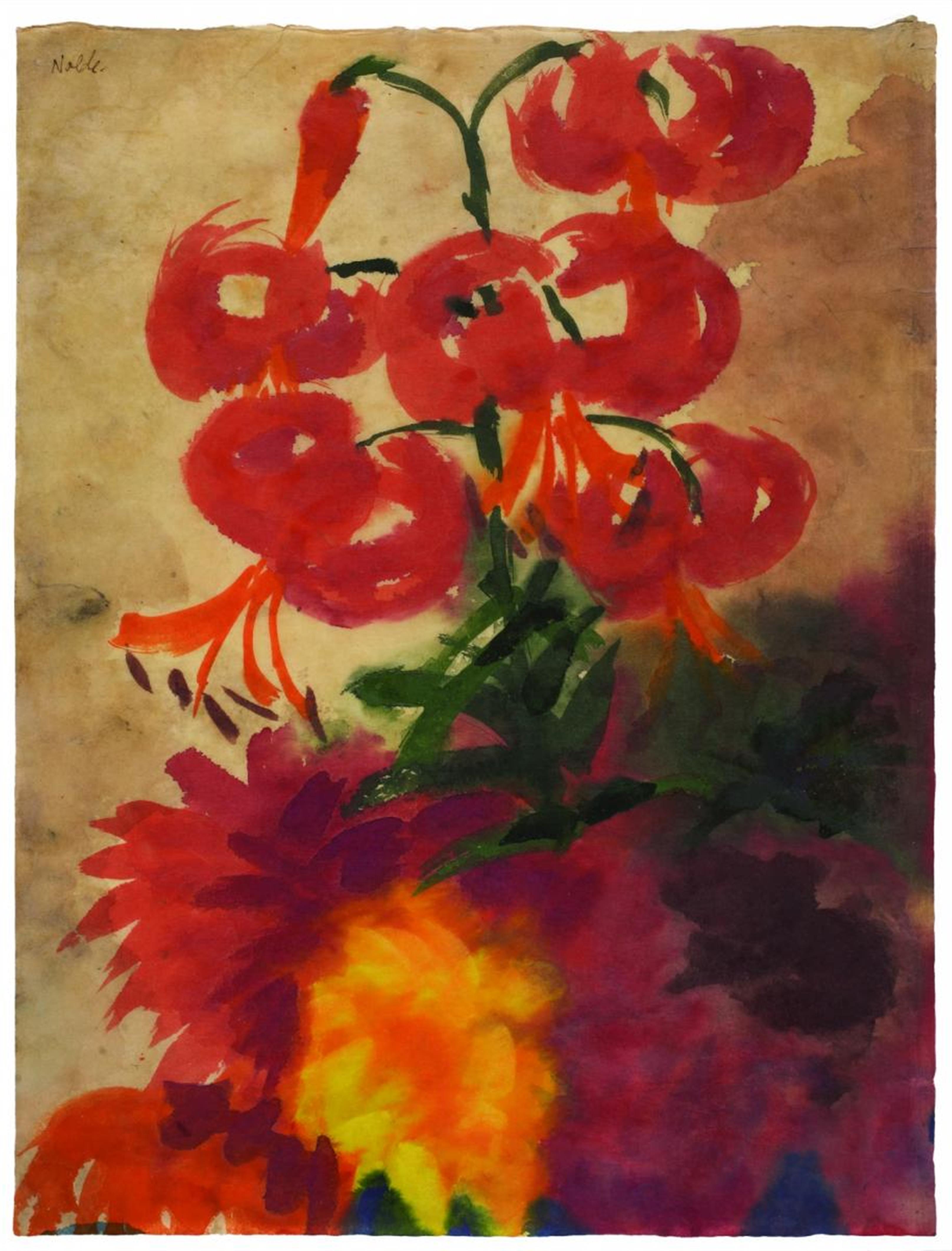 Emil Nolde - Rote Dahlienblüten und Feuerlilien - image-1