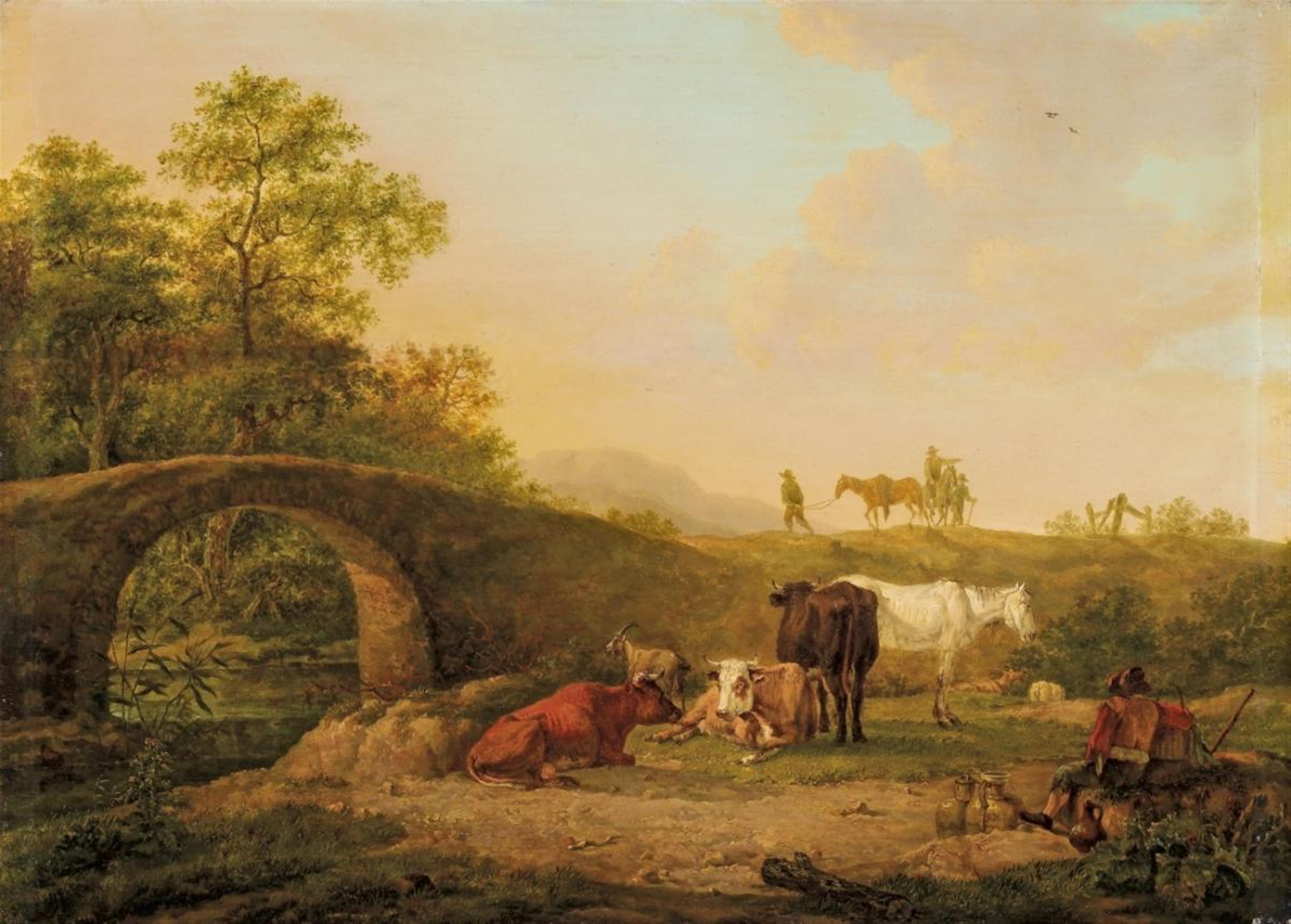 Johann Christian Klengel, attributed to - LANDSCAPE WITH SHEPHERDS AND SHEEPFLOCK ON A BRIDGE - image-1