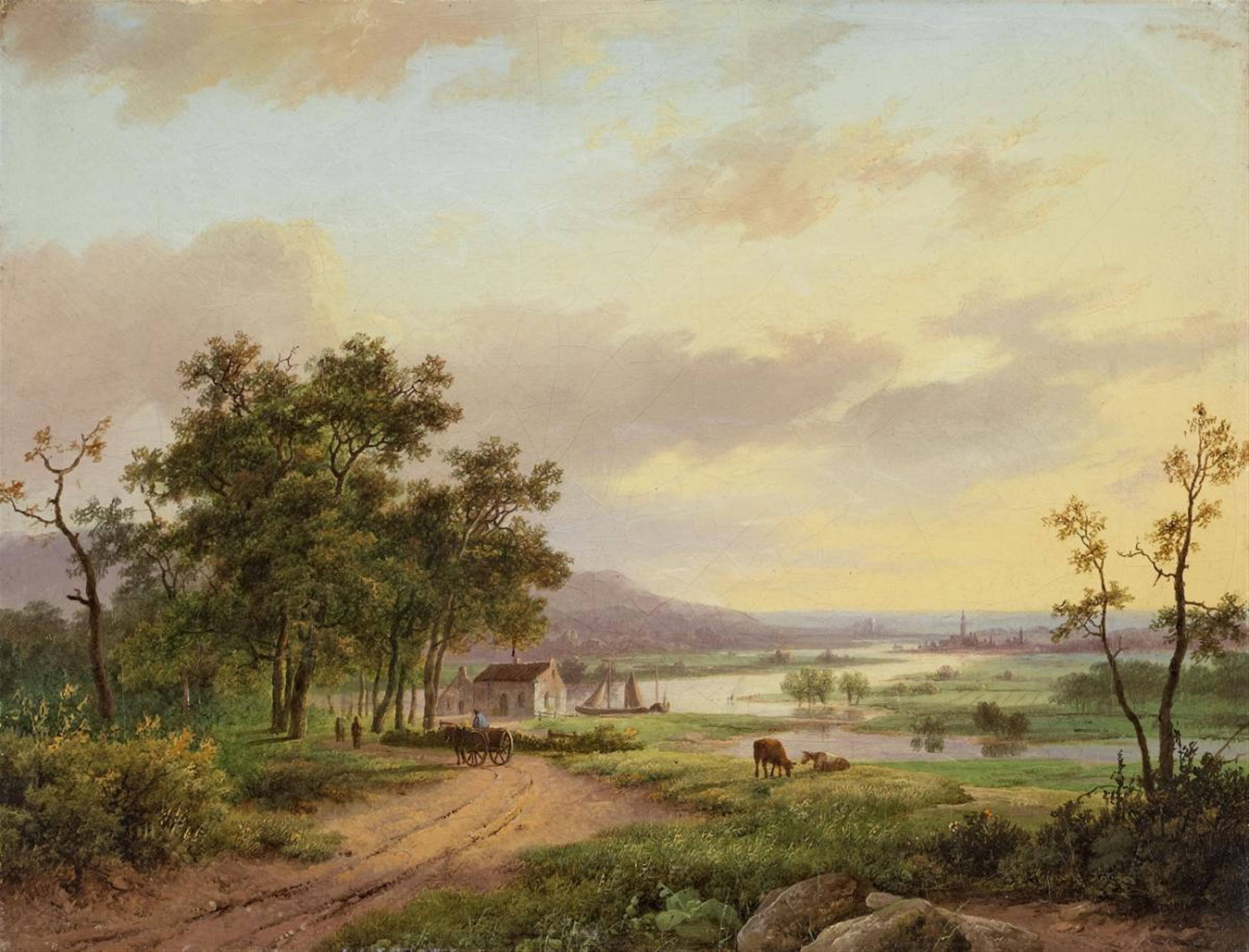 Marinus Adrianus Koekkoek - RIVER LANDSCAPE WITH HORSE AND CART AND COWS - image-1