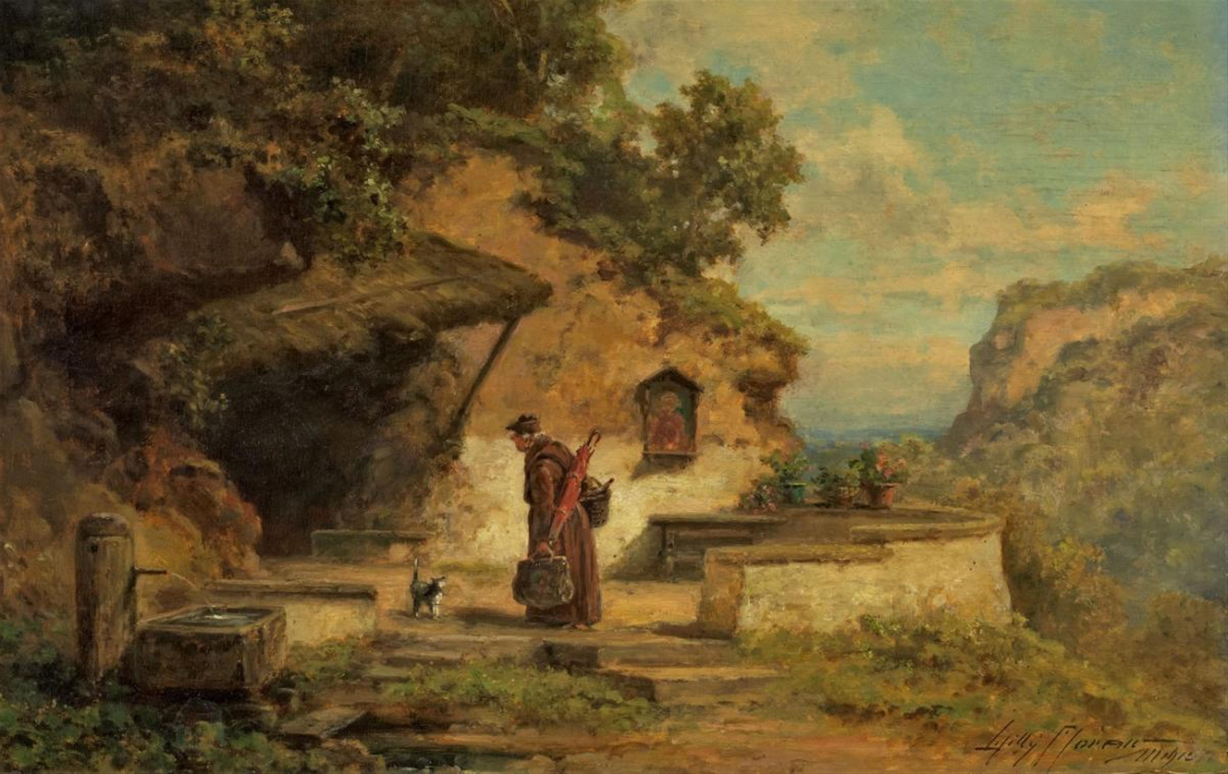Willy Moralt - MONK IN MOUNTAINOUS LANDSCAPE WITH WELL AND DEVOTIONAL PAINTING - image-1