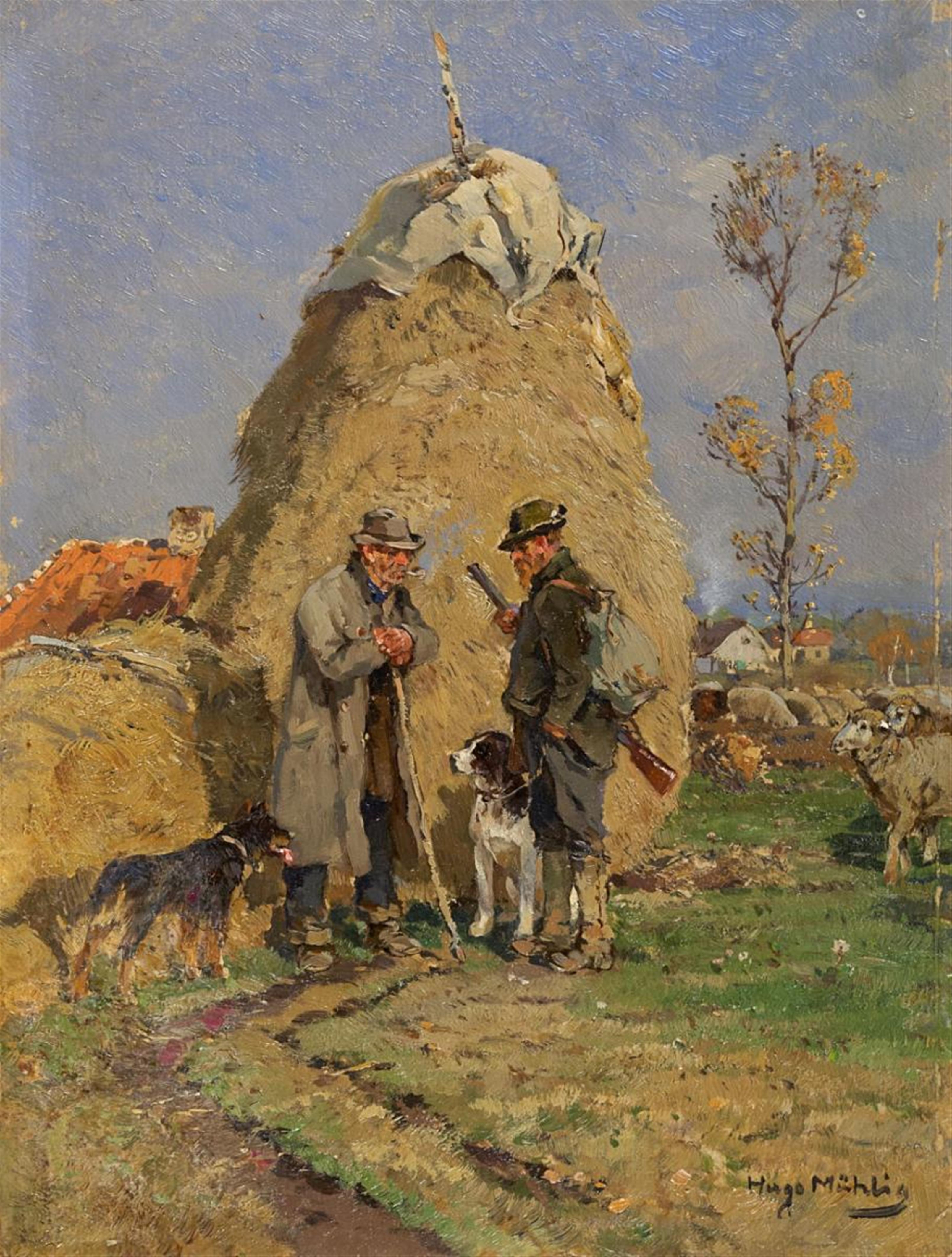 Hugo Mühlig - SHEPHERD AND HUNTER IN FRONT OF A HAY WAGON - image-1