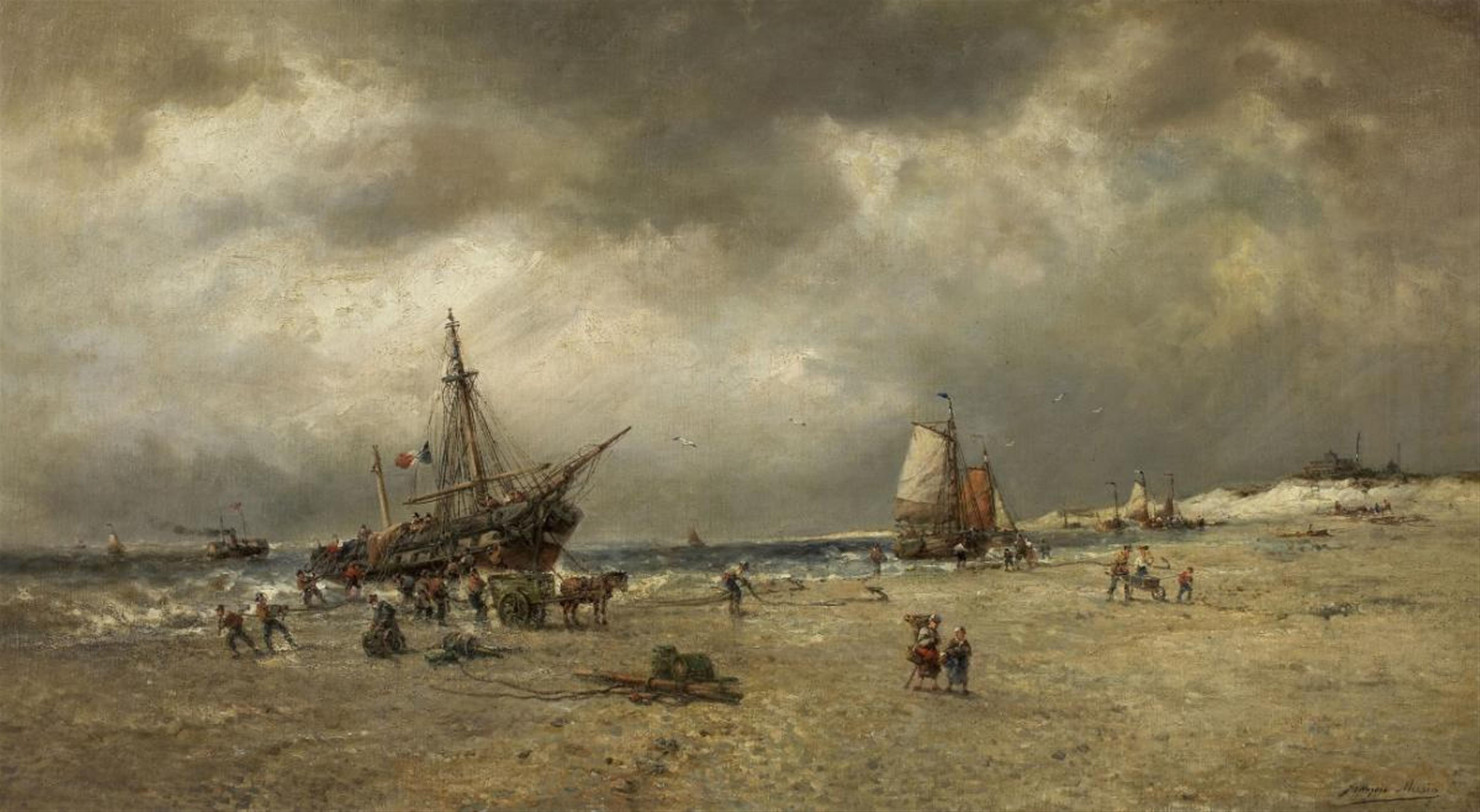 François-Étienne Musin - SCENE AT THE SHORE DISEMBARKING FISHER BOATS - image-1