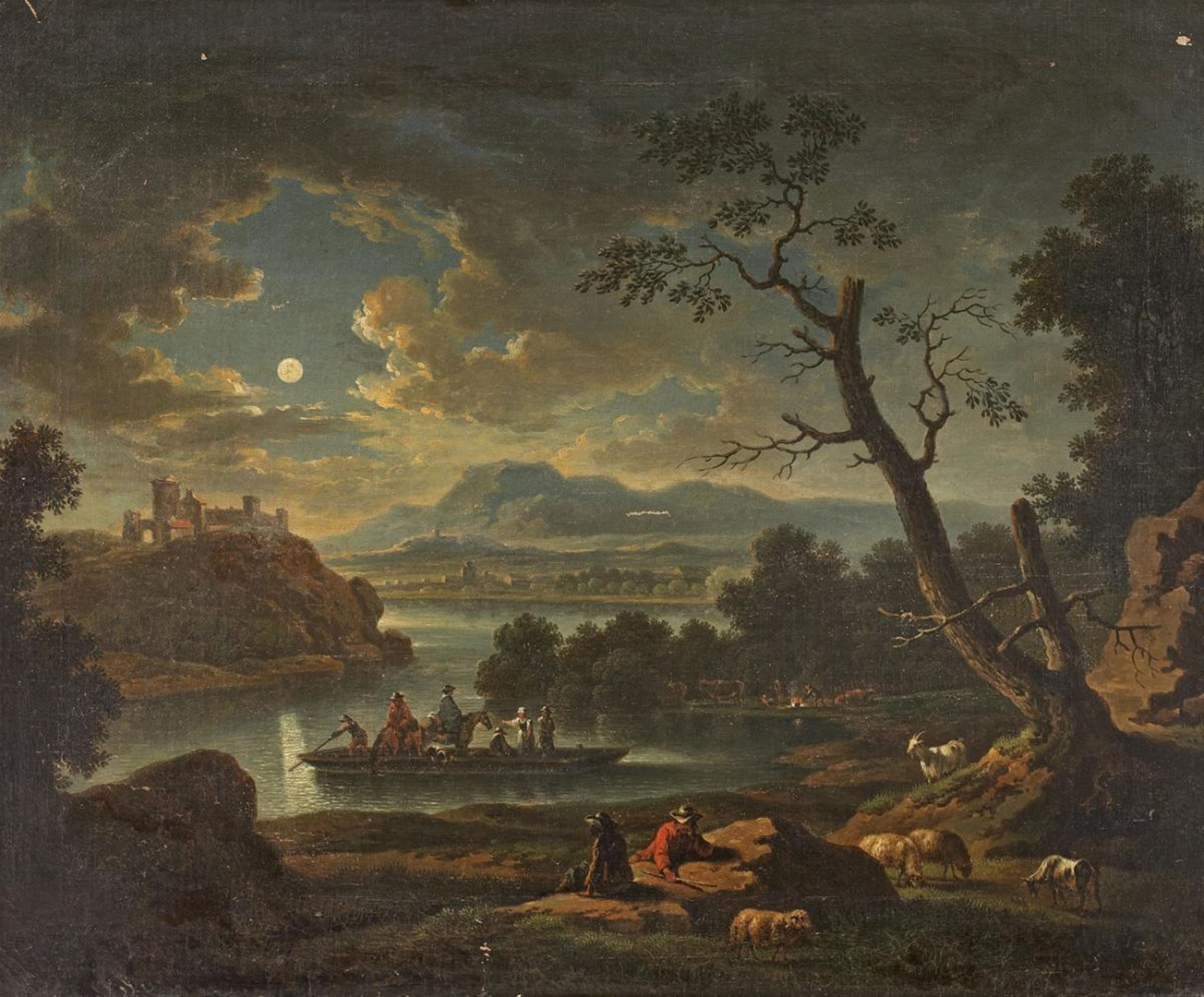 German School, 18th century - RIVER LANDSCAPE WITH FERRY BOATS IN THE MOONLIGHT - image-1