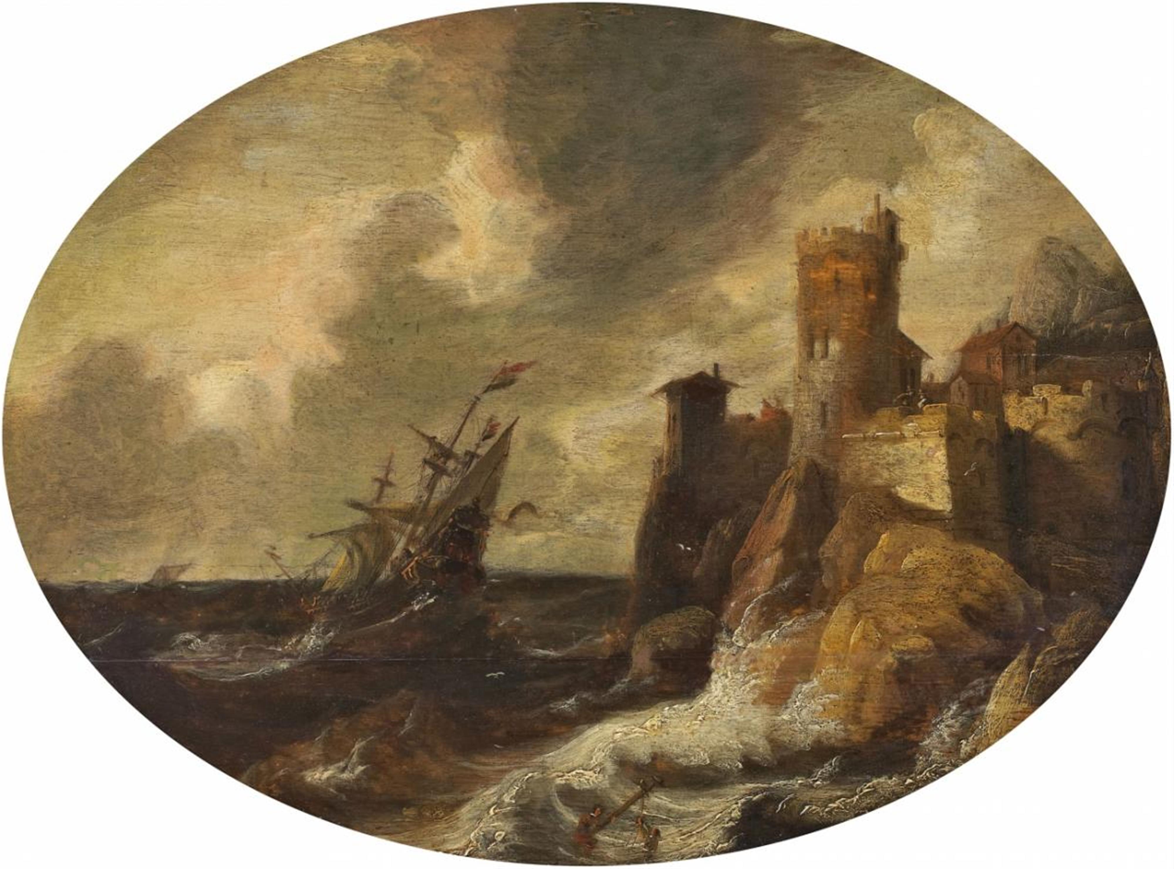 Pieter van der Croos, attributed to - COASTAL LANDSCAPE WITH SAILING SHIP IN THE STORM - image-1