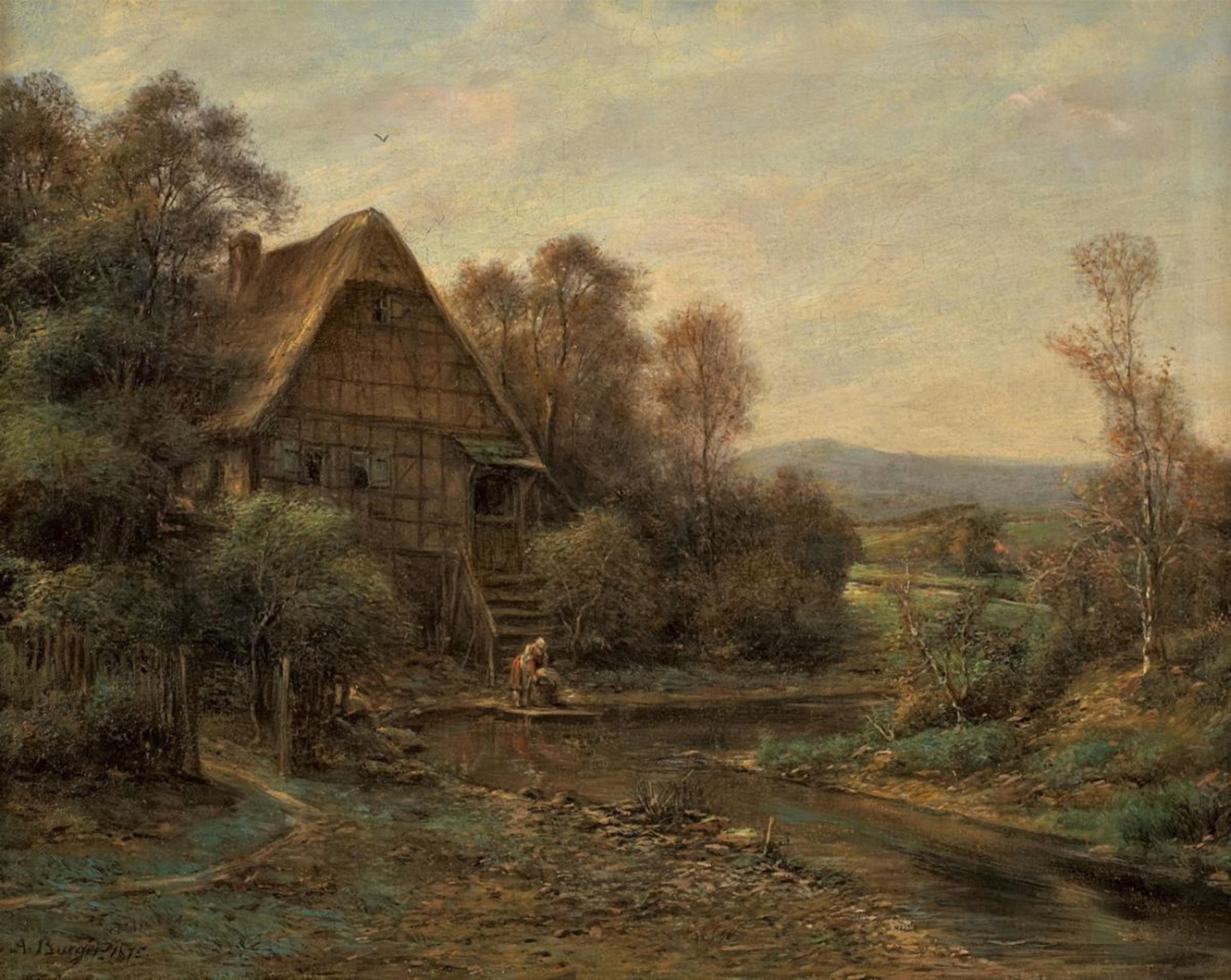 Anton Burger - LANDSCAPE WITH FRAME HOUSE AND A WASHERWOMAN AT A STREAM - image-1