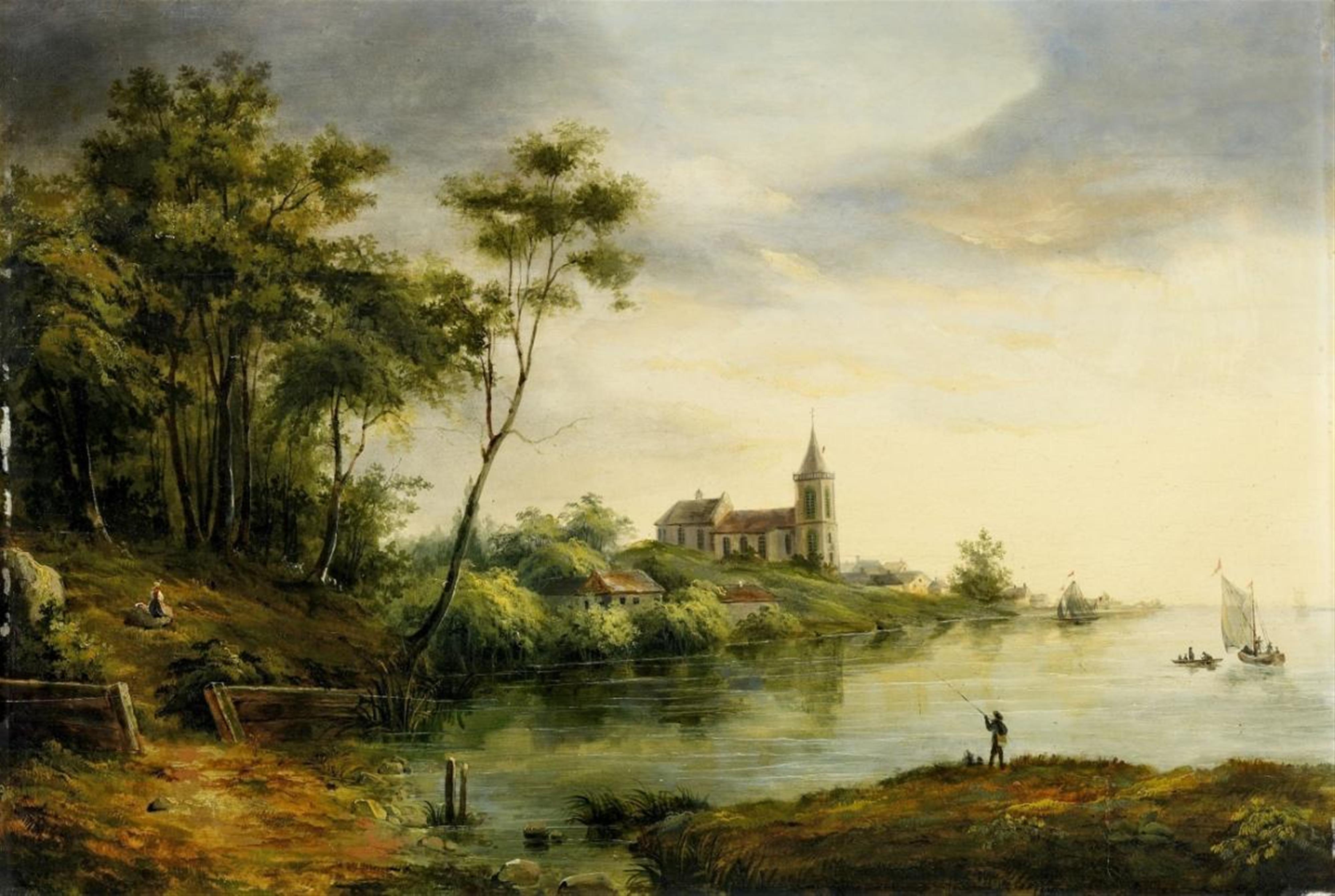 German School (?), first half 19th century - RIVER LANDSCAPE WITH CHURCH AND ANGLER - image-1