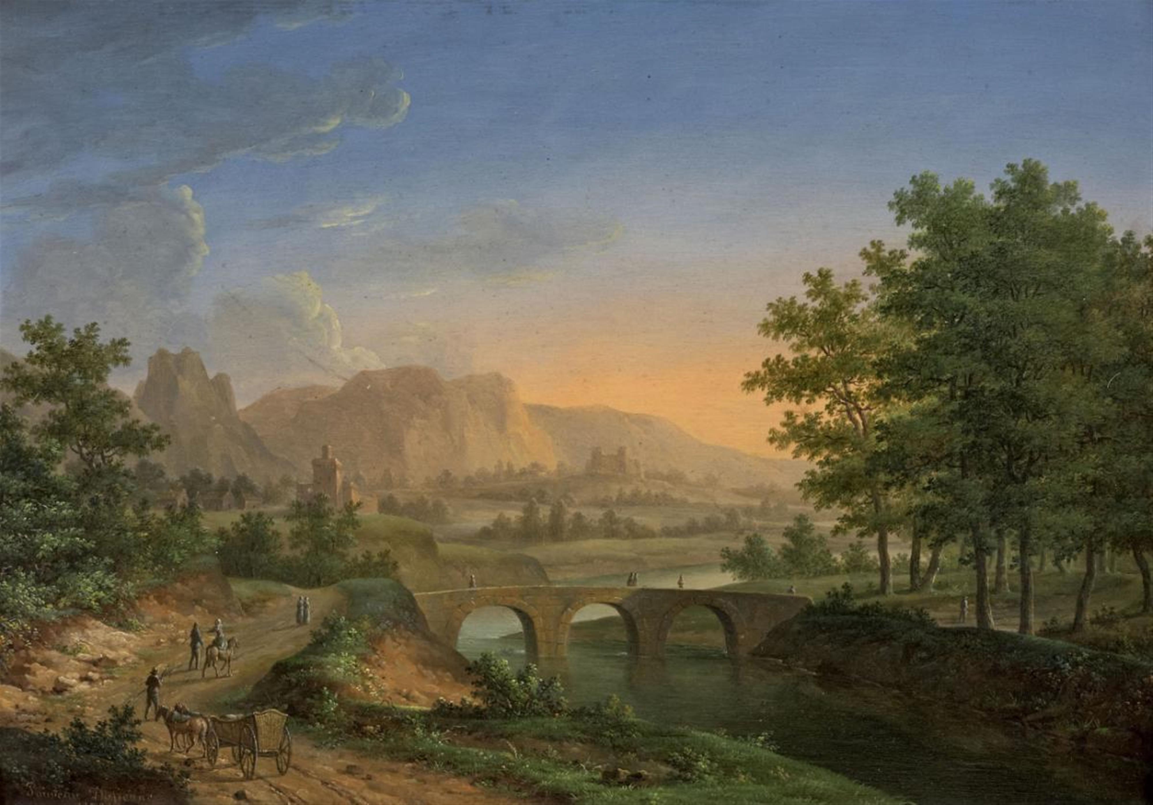 French School, 1835 - LANDSCAPE WITH STONE BRIDGE AND FIGURAL STAFFAGE - image-1