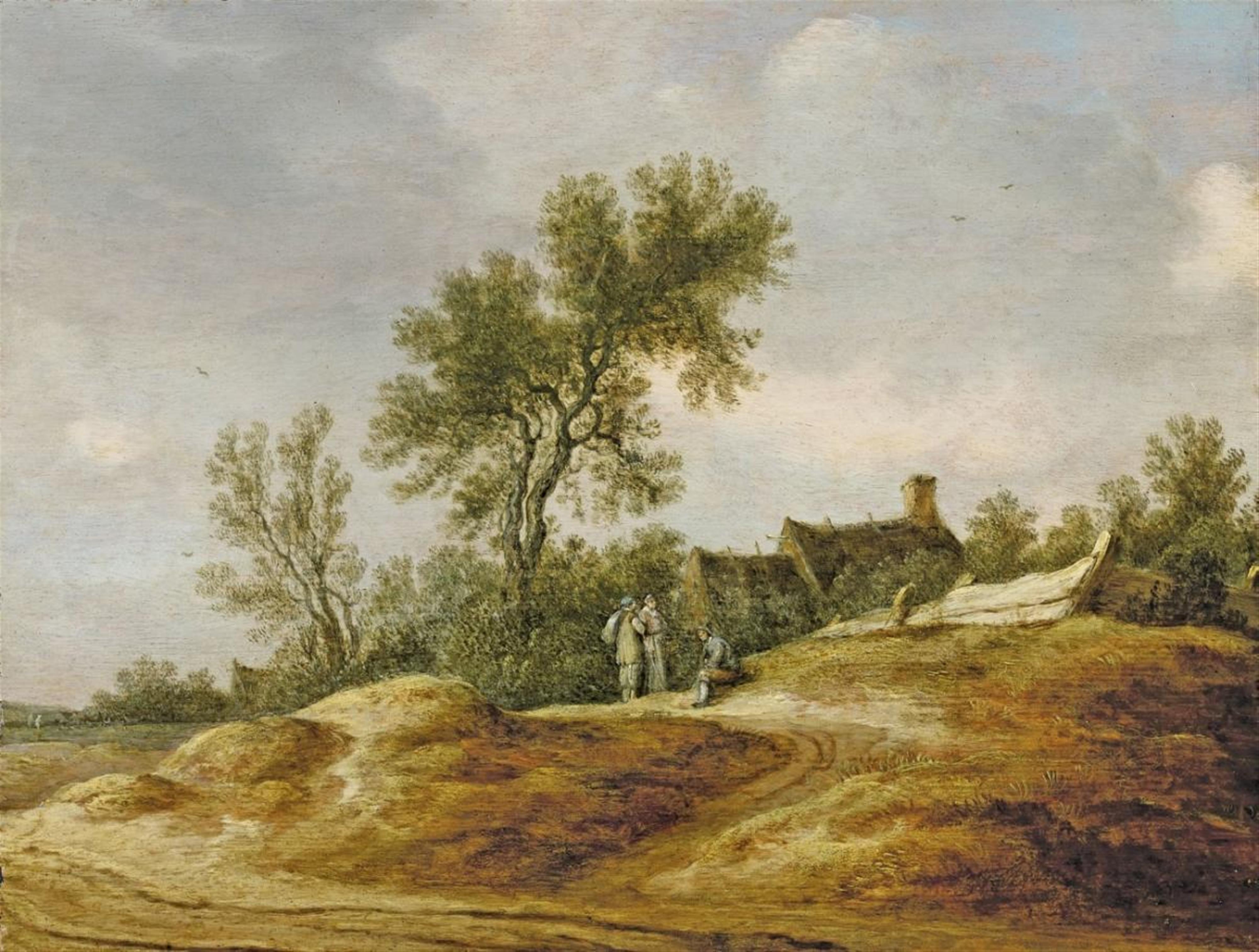 Pieter de Neyn - DUNE LANDSCAPE WITH THREE RESTING PEASANTS IN FRONT OF A FARMSTEAD - image-1