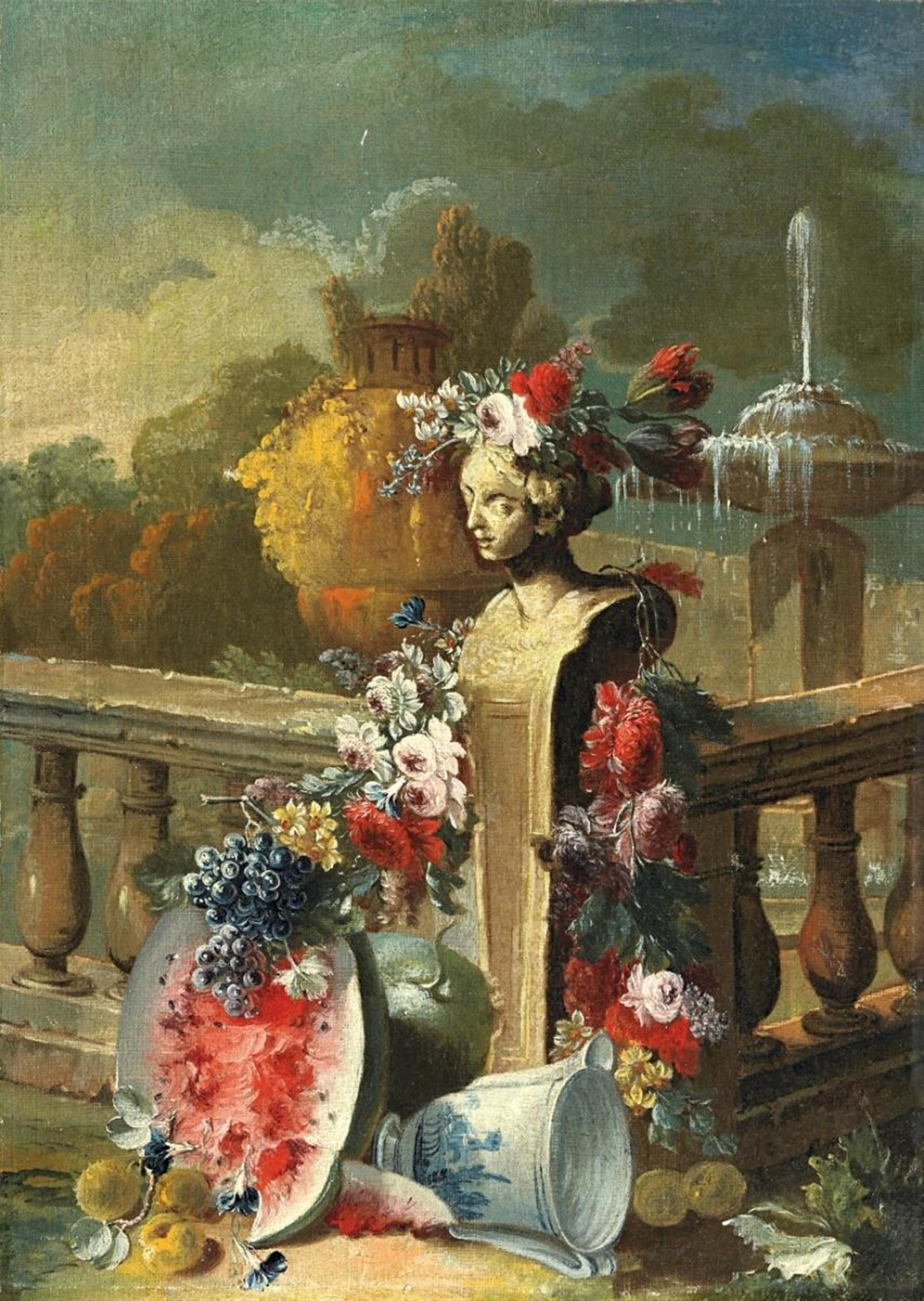 Gasparo Lopez - STILL LIFE WITH FLOWRES, FRUITS AND FEMALE BUST IN FRONT OF A PARK - image-1