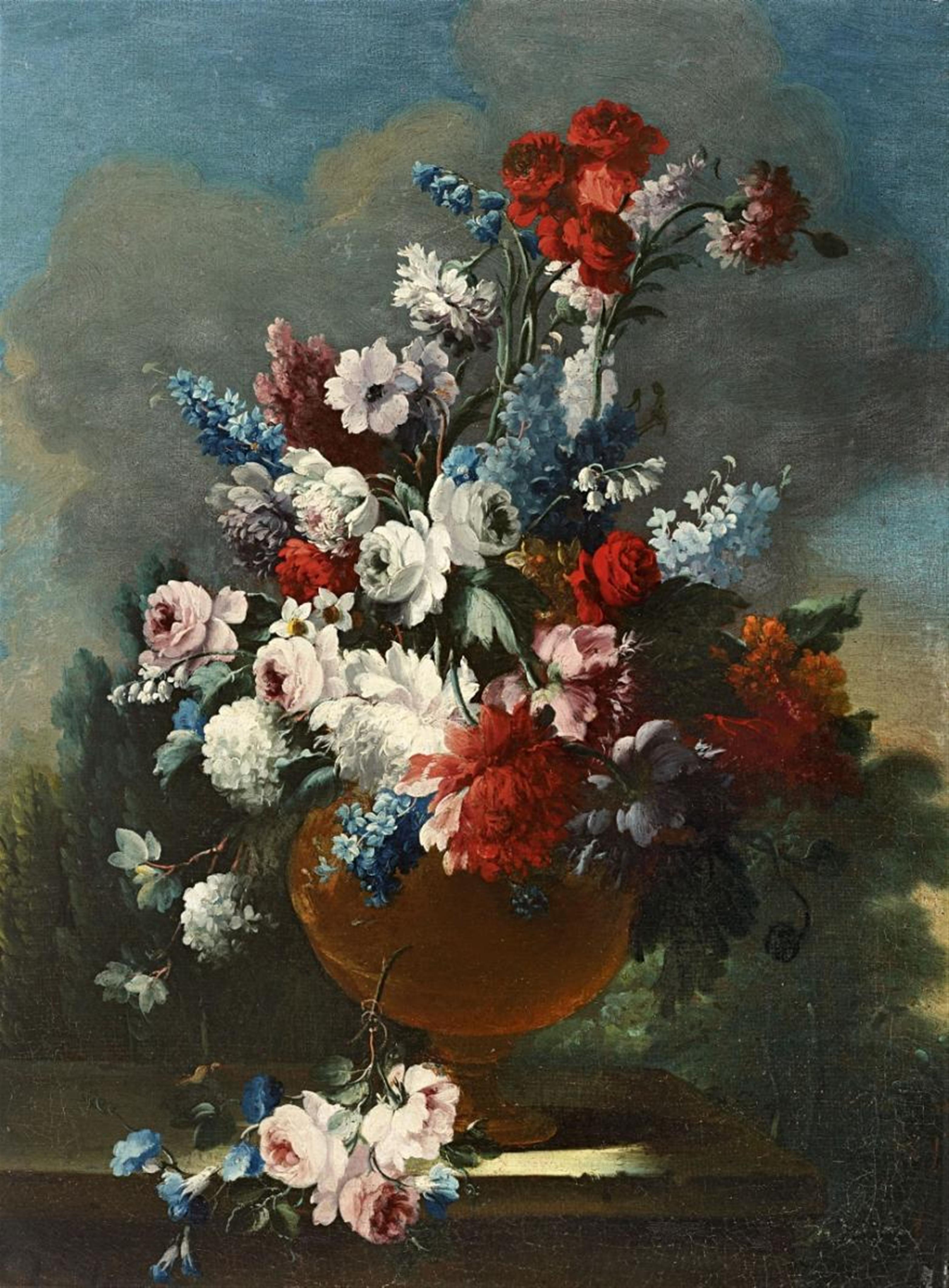 French School, 18th century - STILL LIFE WITH ROSES,PEONIES, LILLIES OF THE VALLEY, LARKSPUR AND SNOWBALL BUSH - image-1