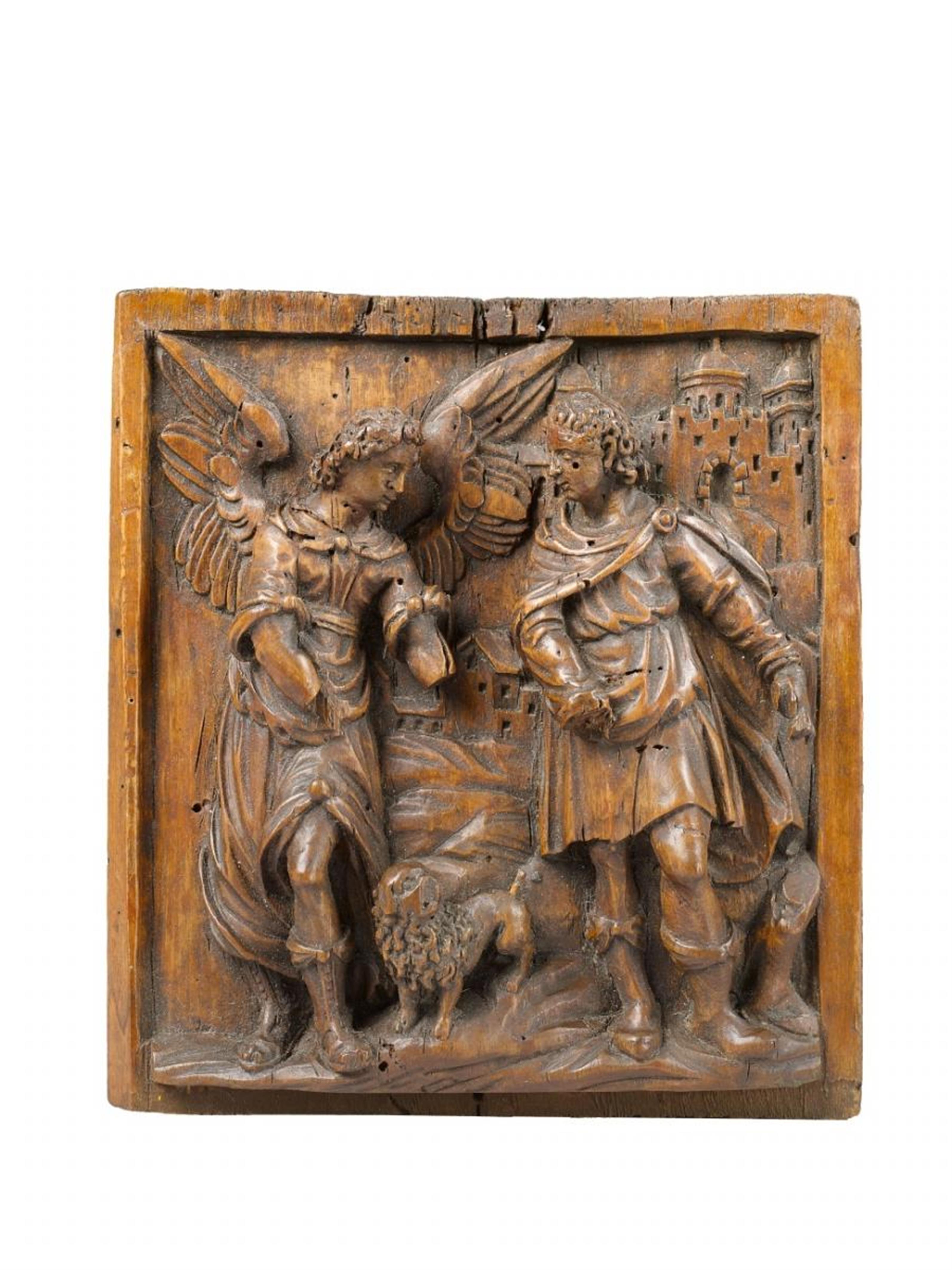 A HIGH-RELIEF WOOD GROUP OF TOBIAS WITH THE ANGEL - image-1