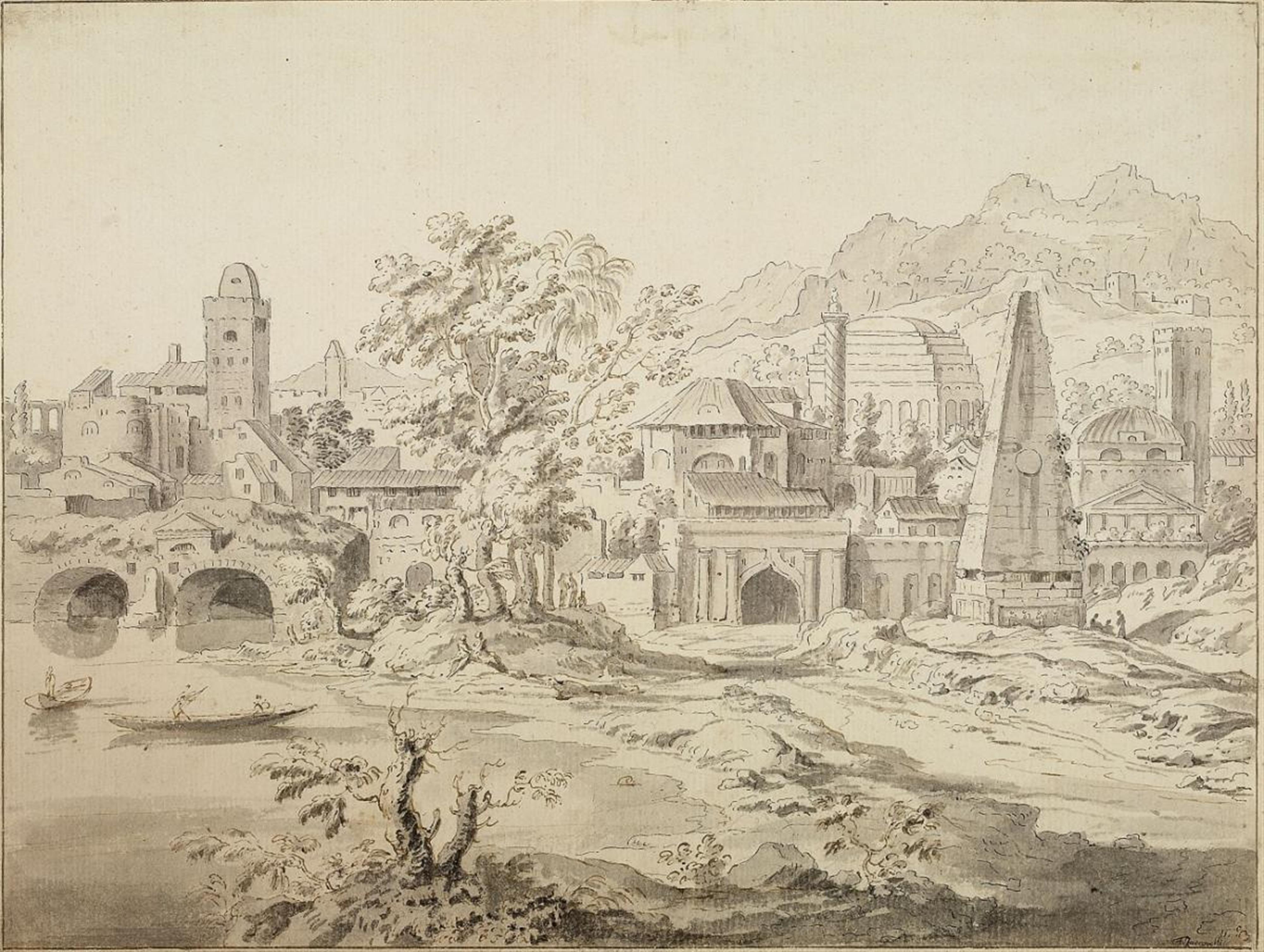 Netherlandish School, 18th century - RIVER LANDSCAPE WITH CLASSICAL ARCHITECTURE - image-1