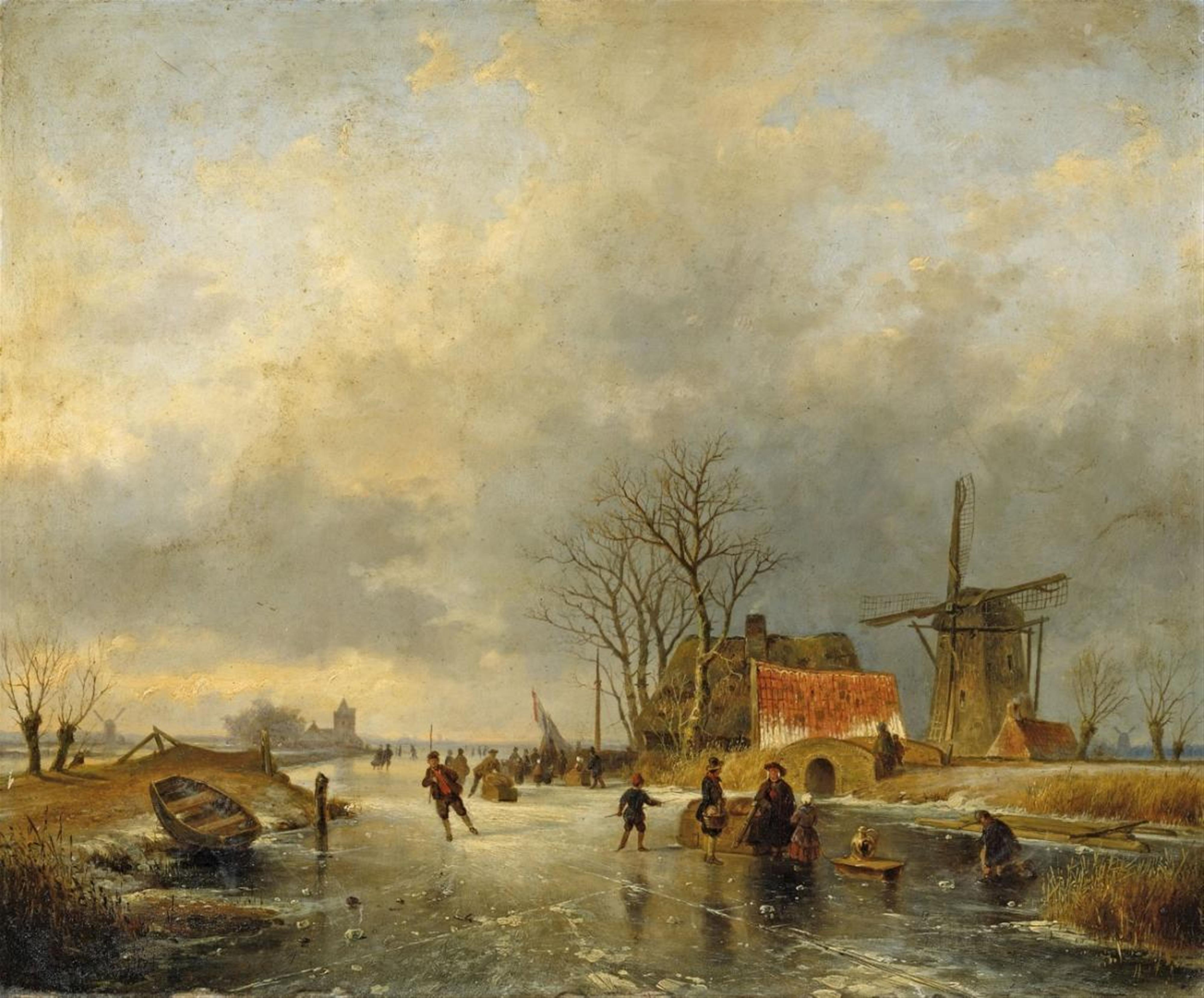 Andreas Schelfhout - WINTER LANDSCAPE WITH WIND-MILL AND SKATERS - image-1